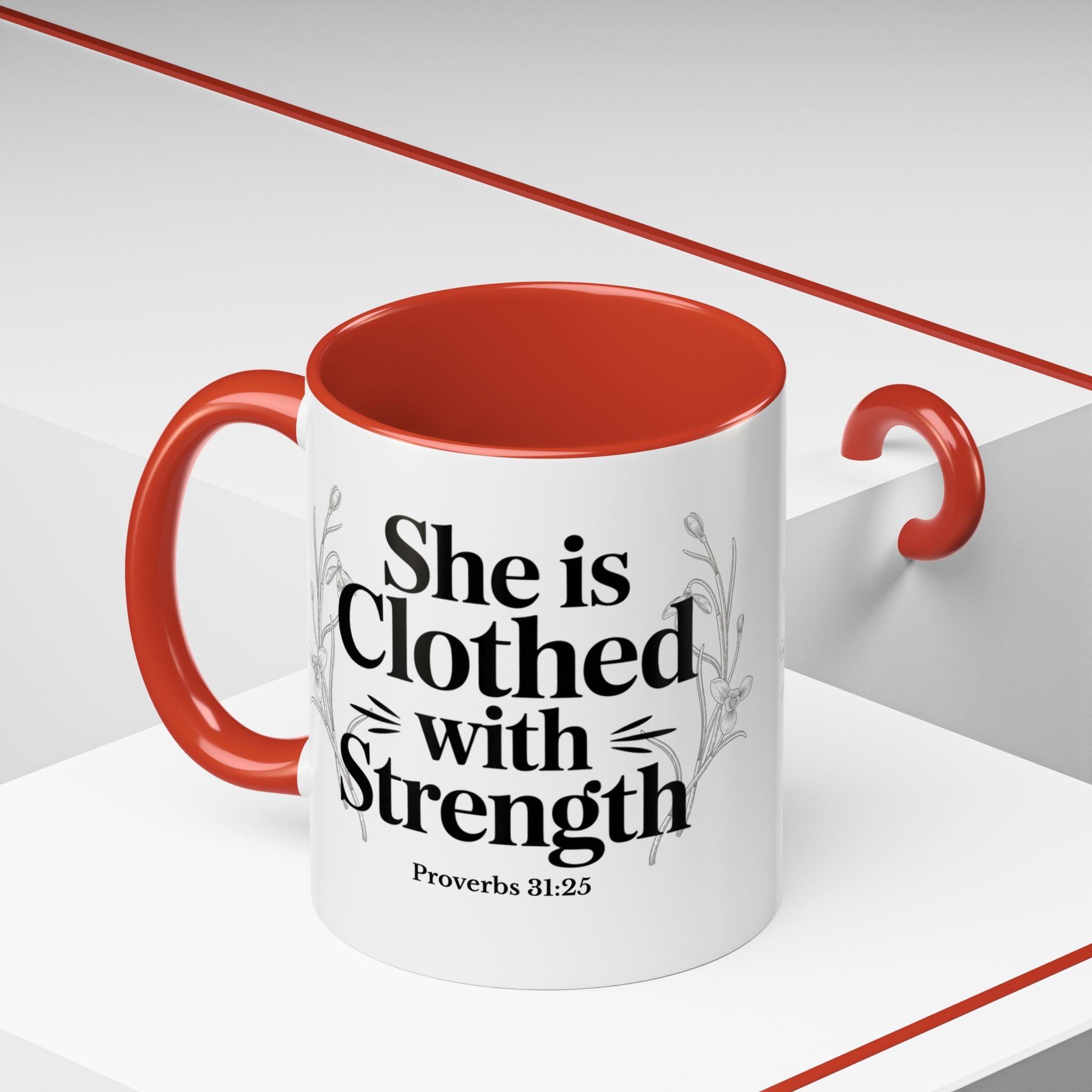 She Is Clothed with Strength Coffee Mug — Proverbs 31:25 Inspirational Accent Mug (11/15oz) - Mother's Day