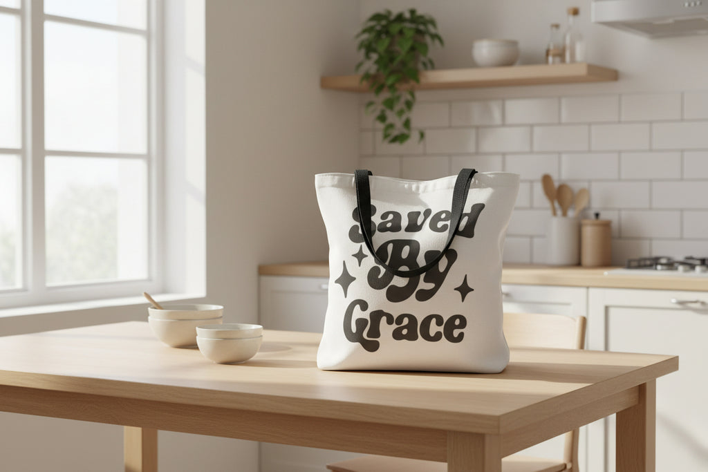 Saved By Grace Tote Bag — Christian Faith Statement Canvas Tote