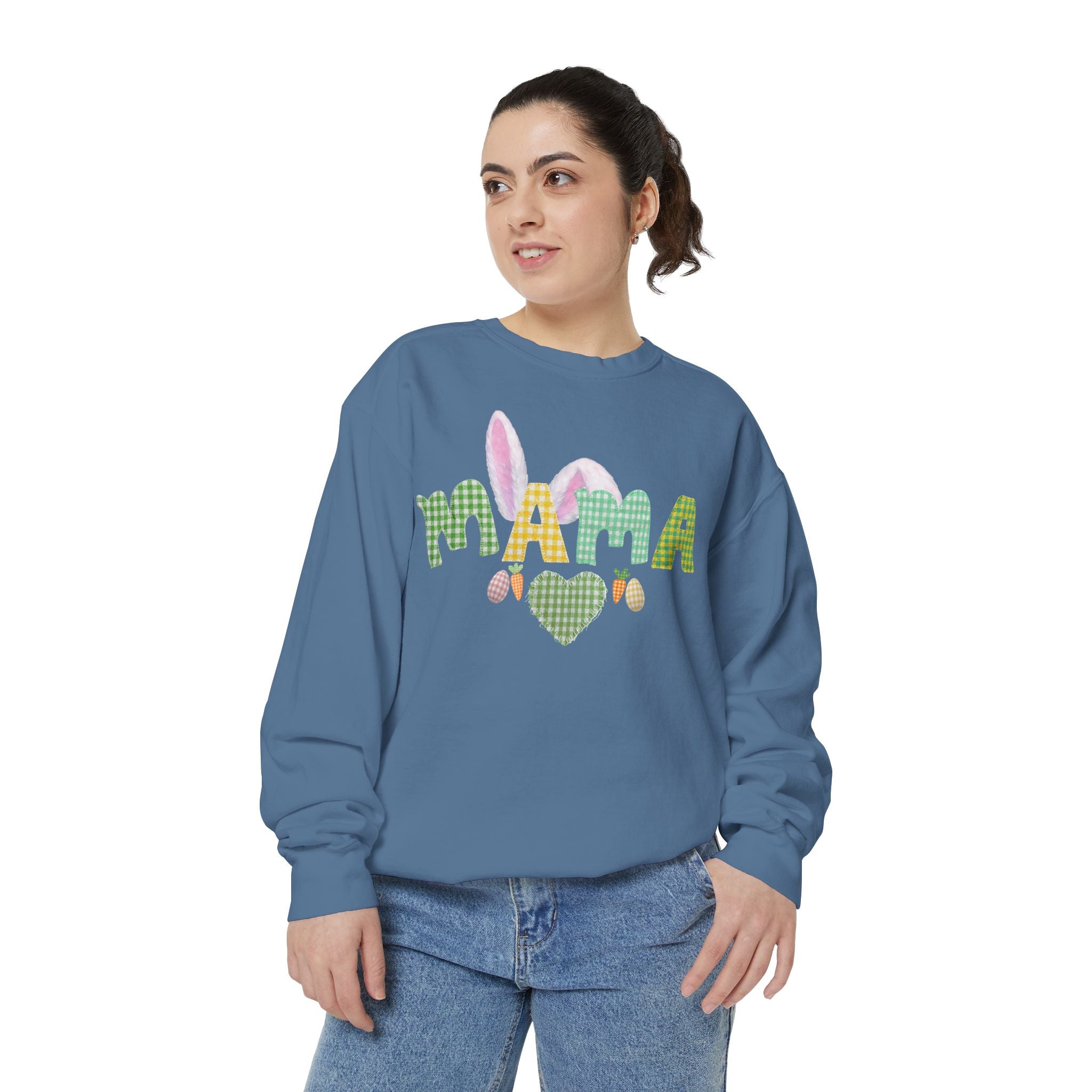 Mama Easter Bunny Sweatshirt — Cute Plaid ‘MAMA’ with Bunny Ears & Eggs