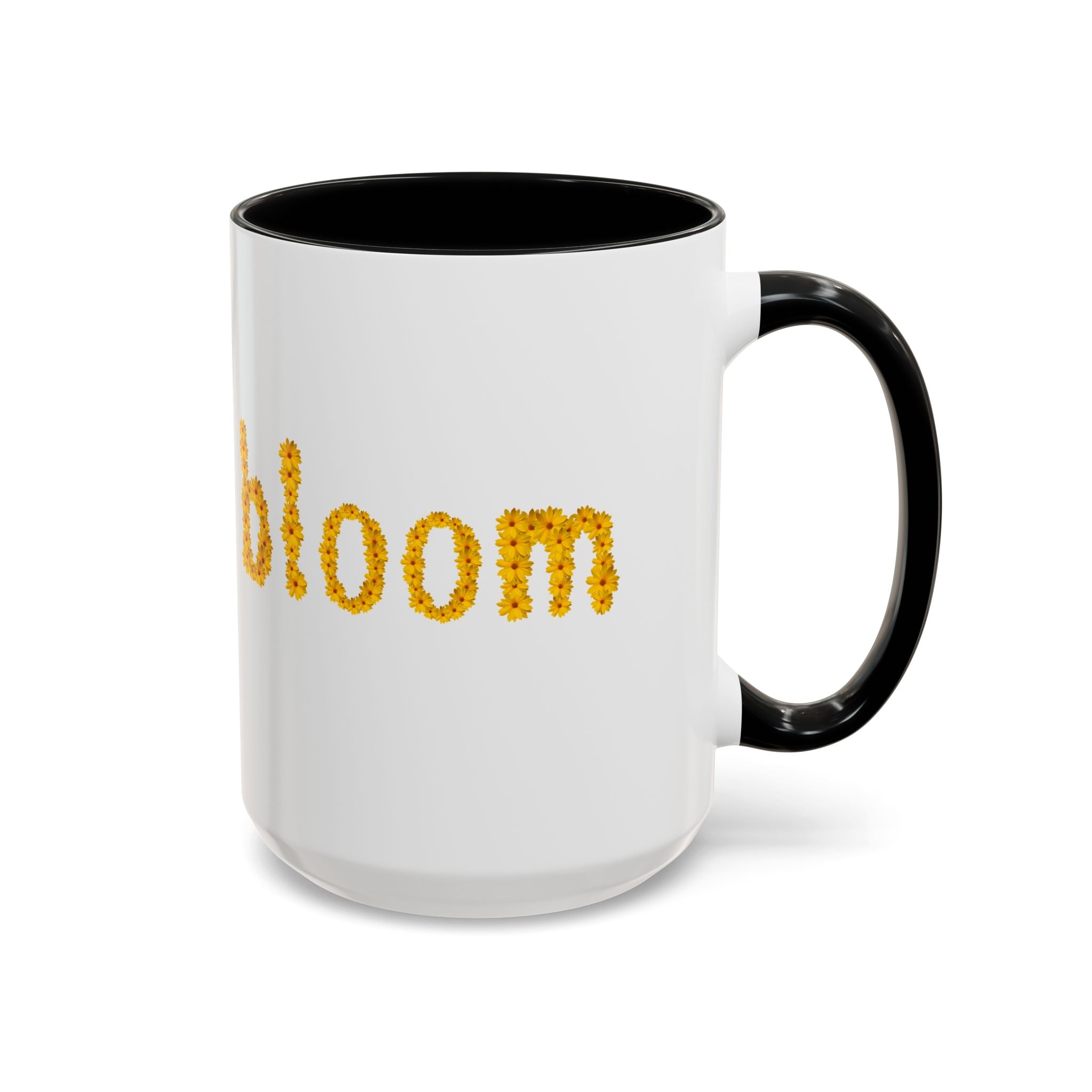 "bloom" floral text Coffee Mug | sunflower petal typography, white & black accent