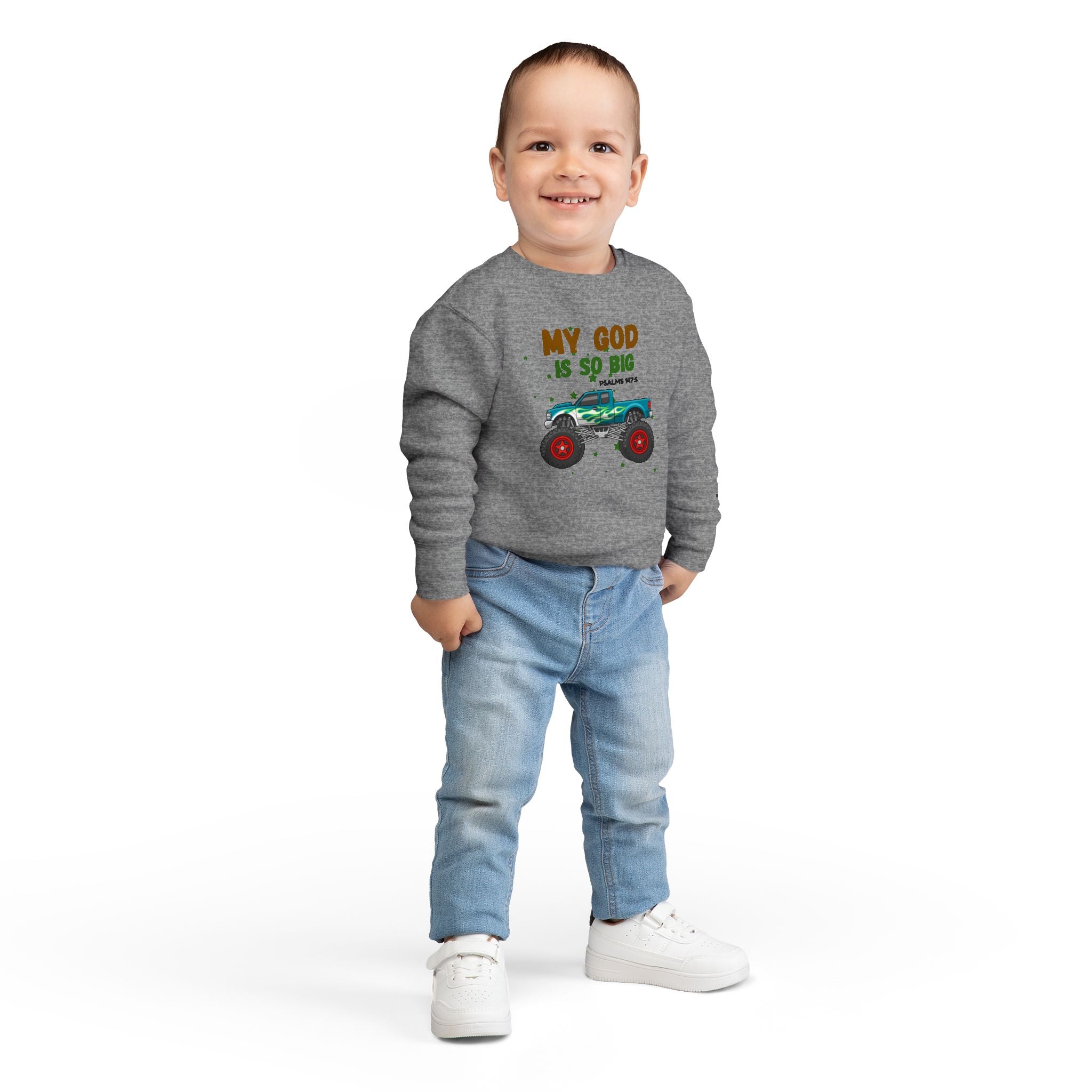 Toddler Sweatshirt — "My God Is So Big" Monster Truck Christian Kids Crewneck