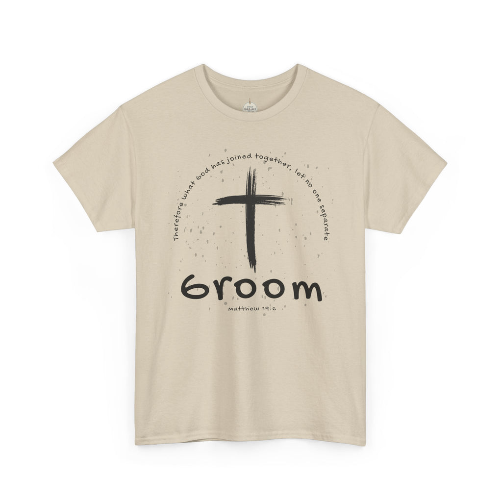 Groom Cross Tee — Christian Wedding Groom T-Shirt (Scripture Verse Design) - Christian - Matthew 19:6