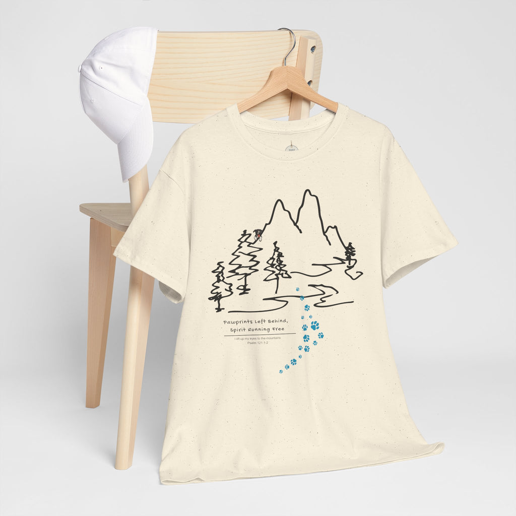 Rainbow Bridge T‑Shirt — Minimal Line Art Nature Tee with 'Follow the Dog Prints' Design Psalms 121