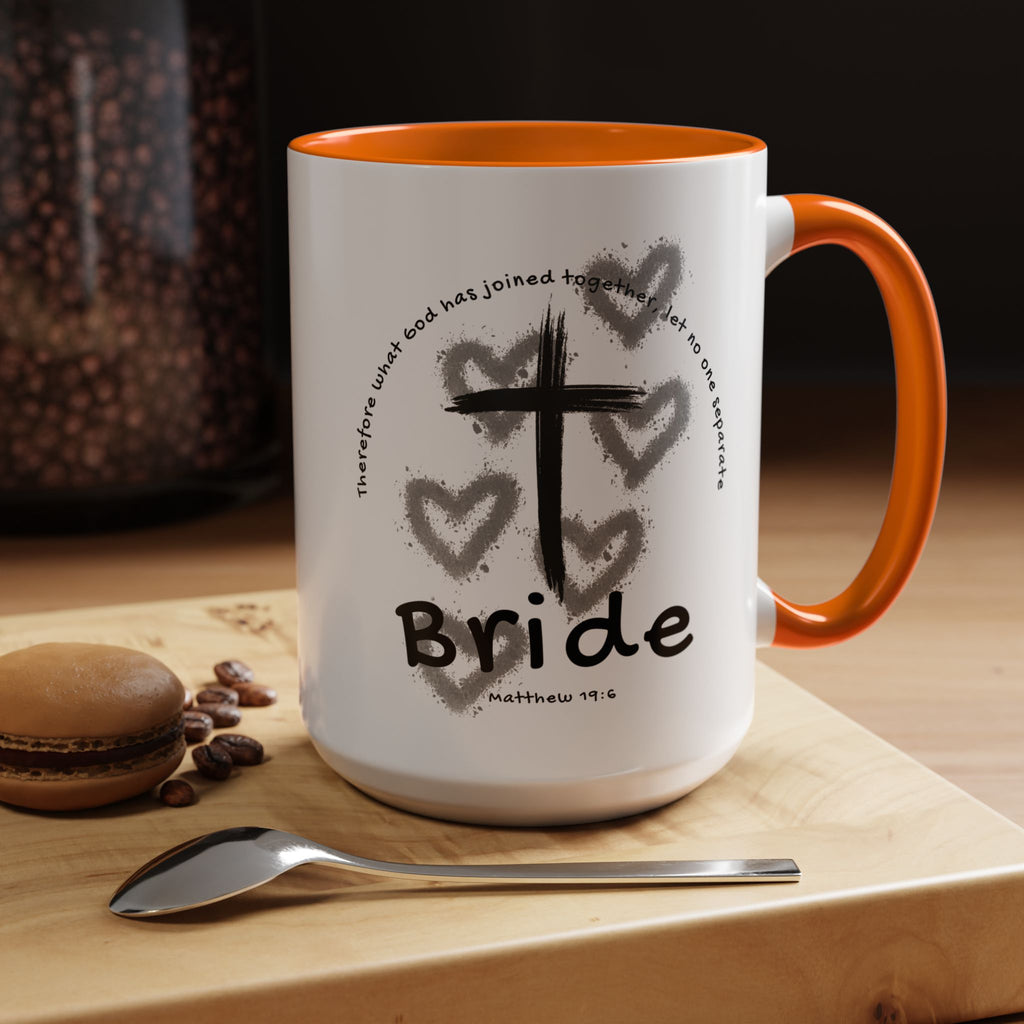 Bride Coffee Mug — Christian Cross & Hearts Accent Mug (Matthew 19:6)