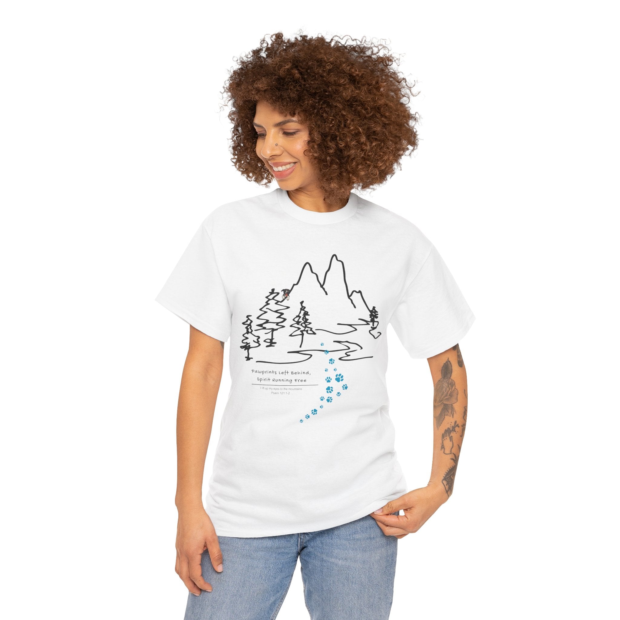 Rainbow Bridge T‑Shirt — Minimal Line Art Nature Tee with 'Follow the Dog Prints' Design Psalms 121
