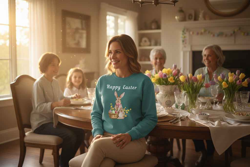Easter Bunny Sweatshirt - Happy Easter Bunny with Basket Design (Luke 24:6)