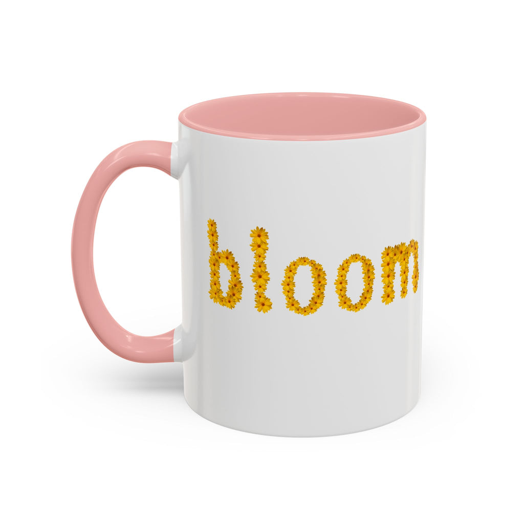 "bloom" floral text Coffee Mug | sunflower petal typography, white & black accent