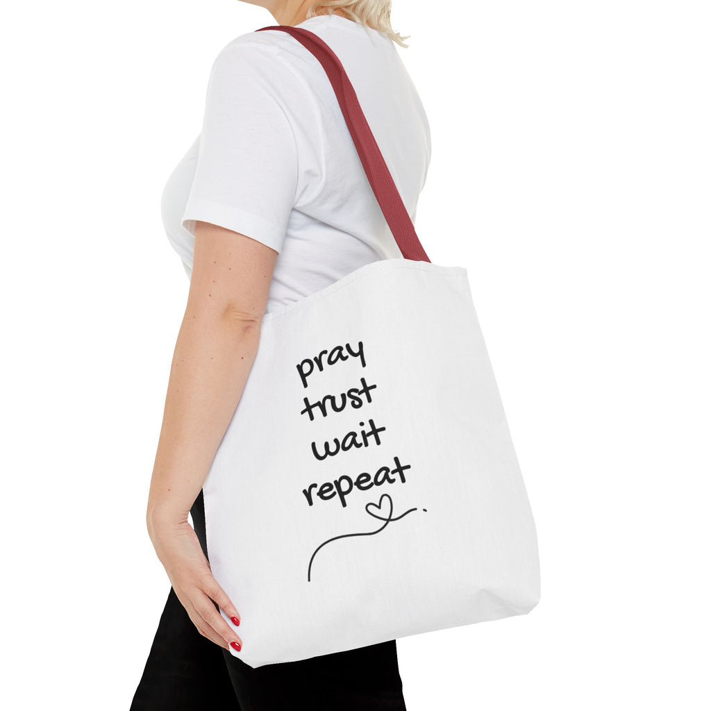 Pray Trust Wait Repeat Tote Bag — Inspirational Faith Canvas Tote