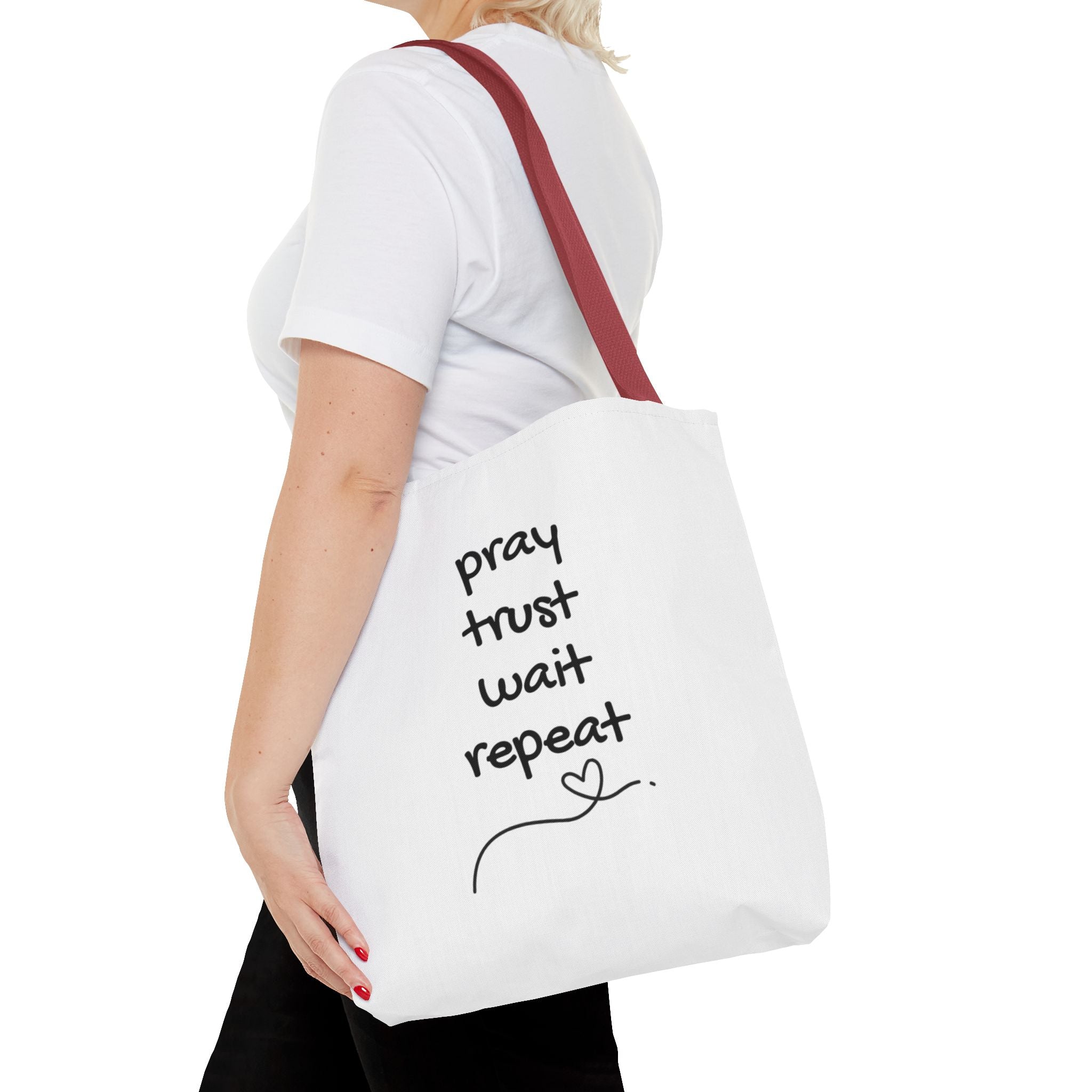 Pray Trust Wait Repeat Tote Bag — Inspirational Faith Canvas Tote