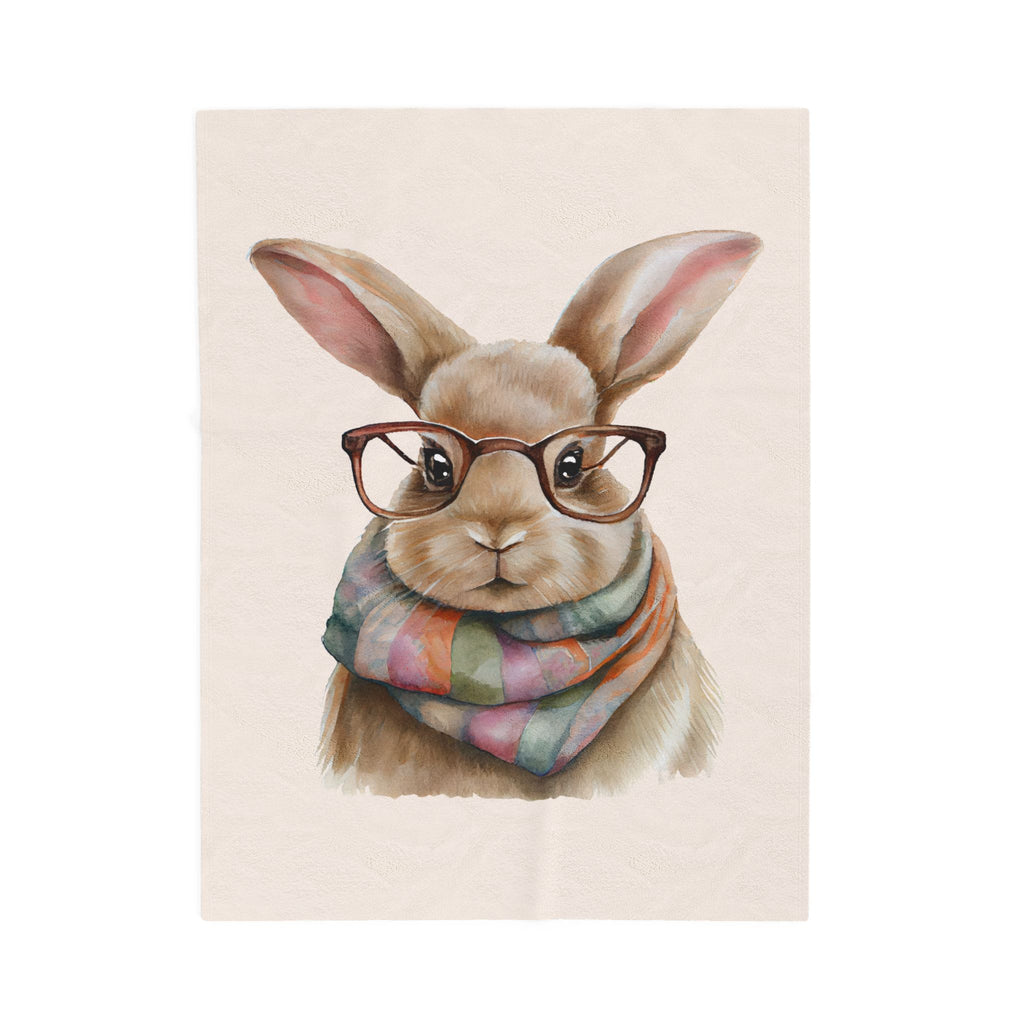Cute Bunny with Glasses Velveteen Plush Blanket – Cozy Rabbit Scarf Throw