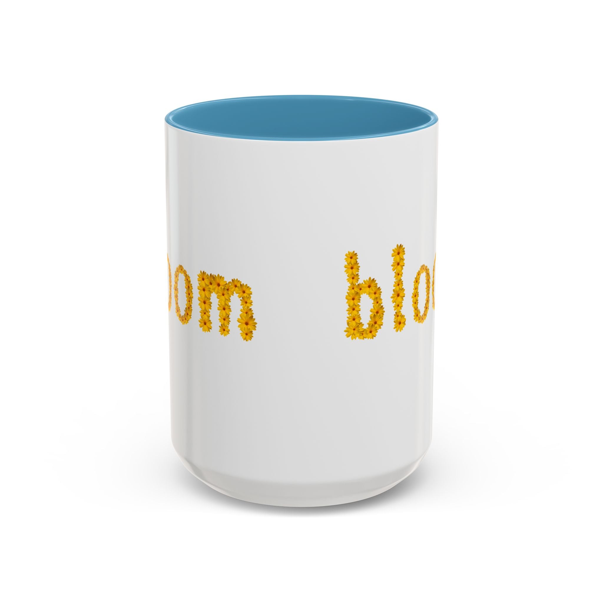"bloom" floral text Coffee Mug | sunflower petal typography, white & black accent