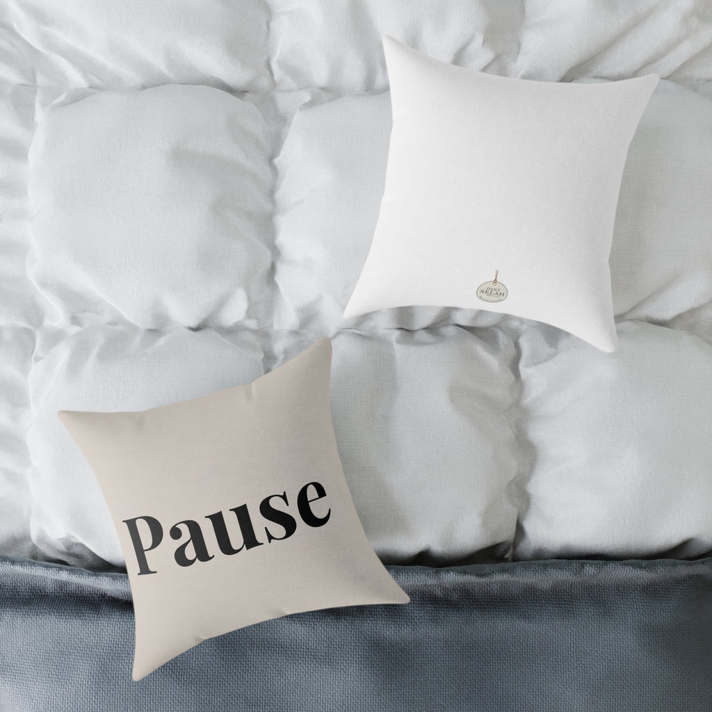 Pause Square Pillow – Minimalist Faith Inspired Neutral Canvas Throw Pillow with 'Pause' Typography