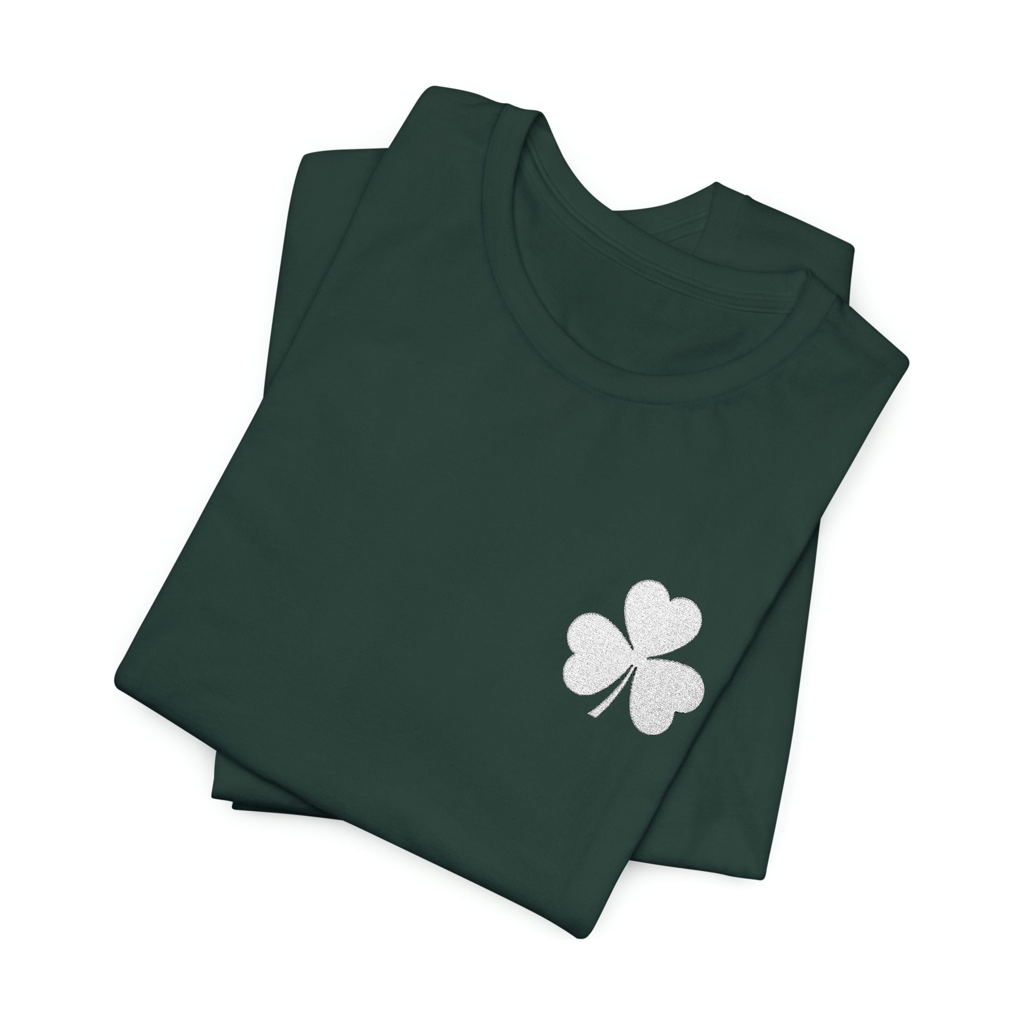 Embroidered Shamrock Pocket Tee — Distressed Lucky Clover T-Shirt