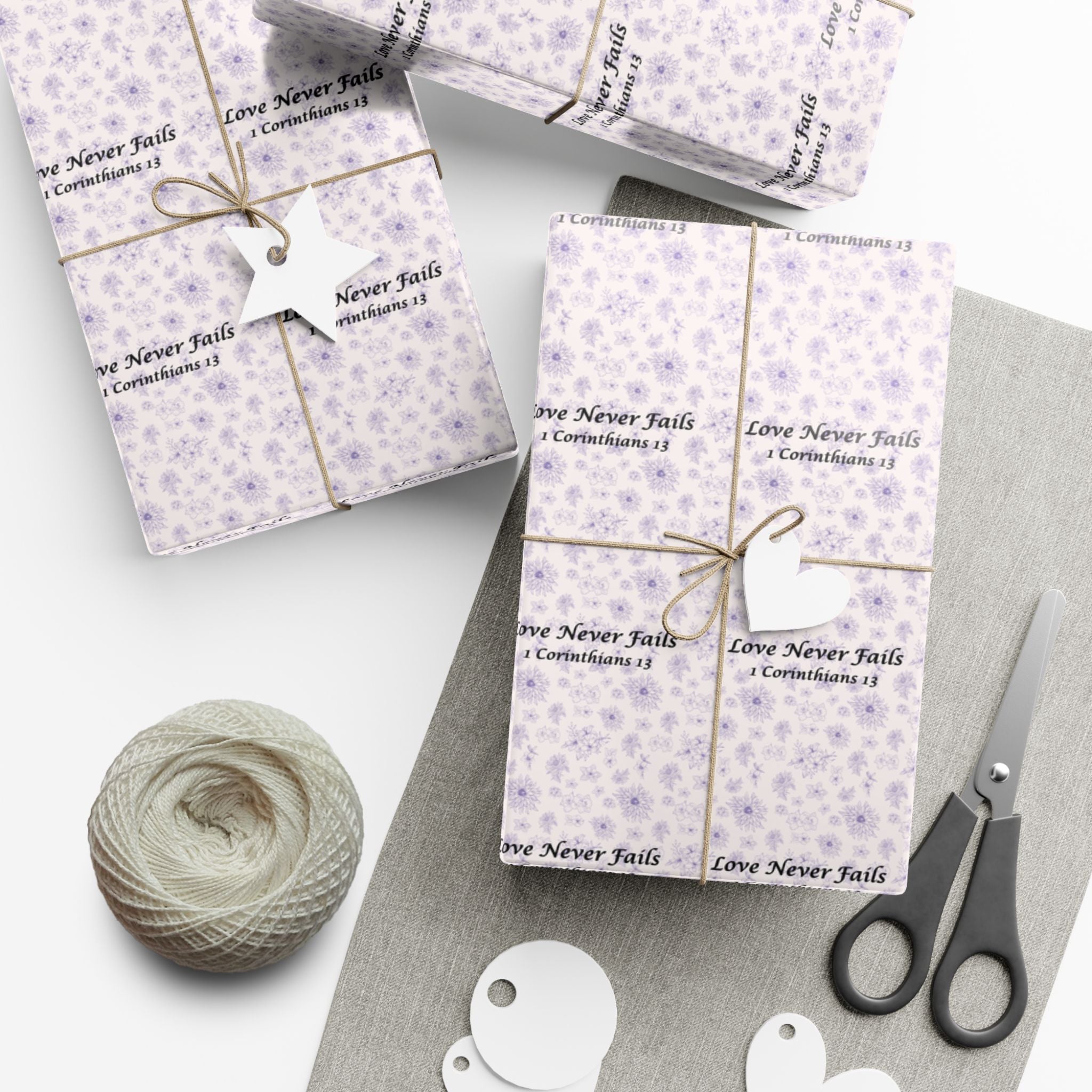 Floral "Love Never Fails" Gift Wrap Paper — Lavender Christian Wrapping Sheets