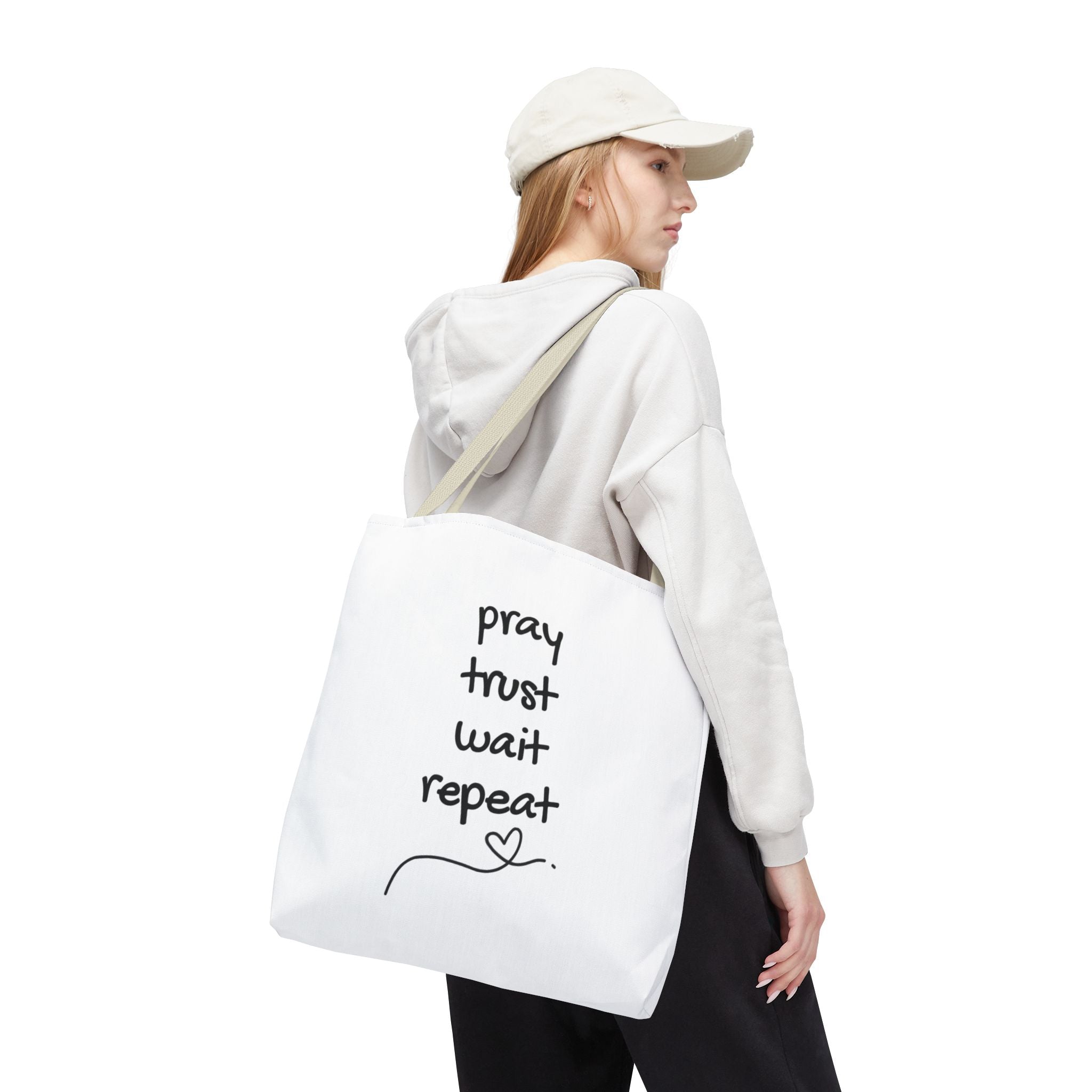 Pray Trust Wait Repeat Tote Bag — Inspirational Faith Canvas Tote