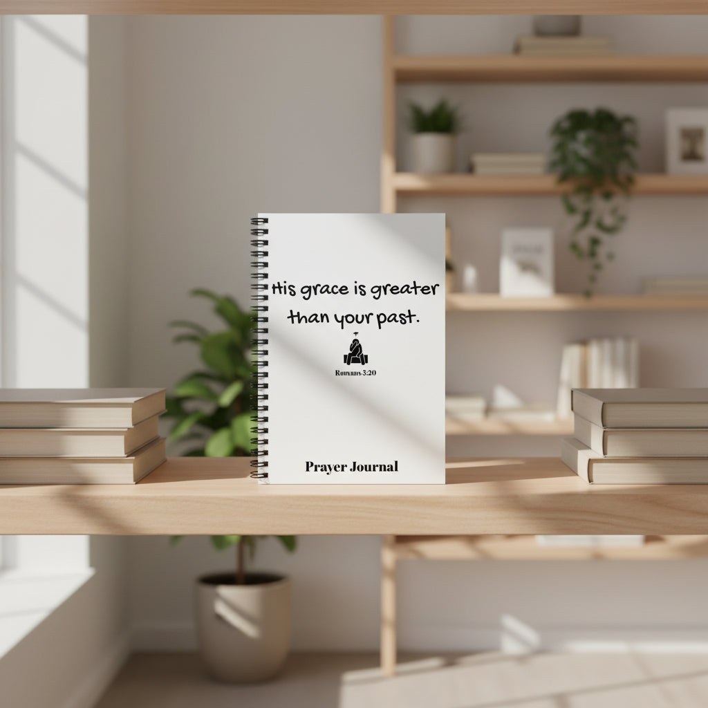 Prayer Journal Notebook — "His grace is greater than your past" (Romans 8:20)