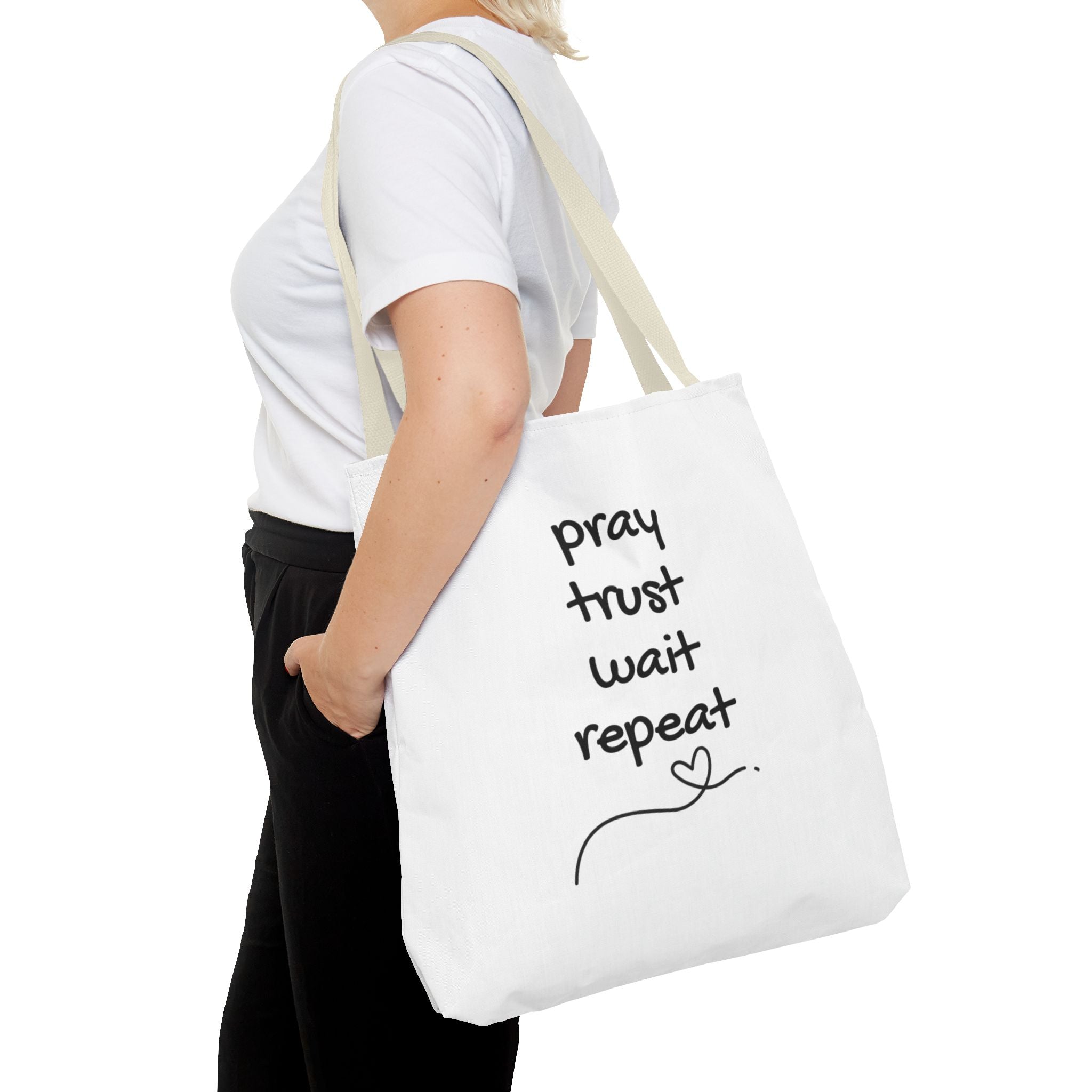 Pray Trust Wait Repeat Tote Bag — Inspirational Faith Canvas Tote