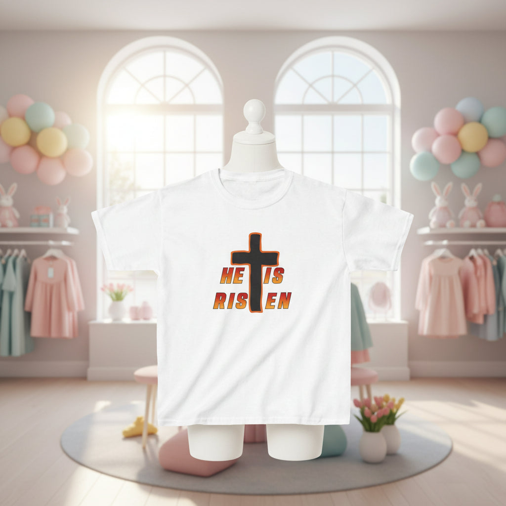 Kids Tee — "He Is Risen" Cross Easter T‑Shirt