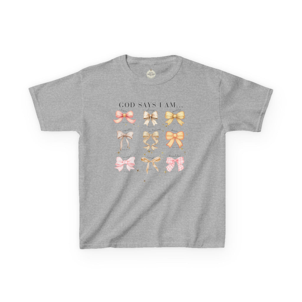 Kids Tee — 'God Says I Am' Pastel Bow Graphic