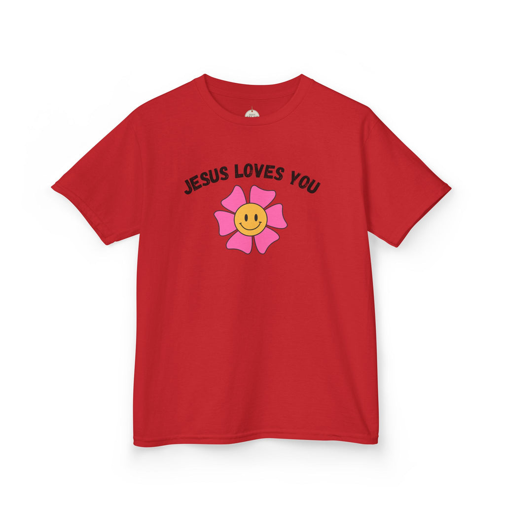 Kids T-Shirt — "Jesus Loves You" Smiley Flower Christian Tee