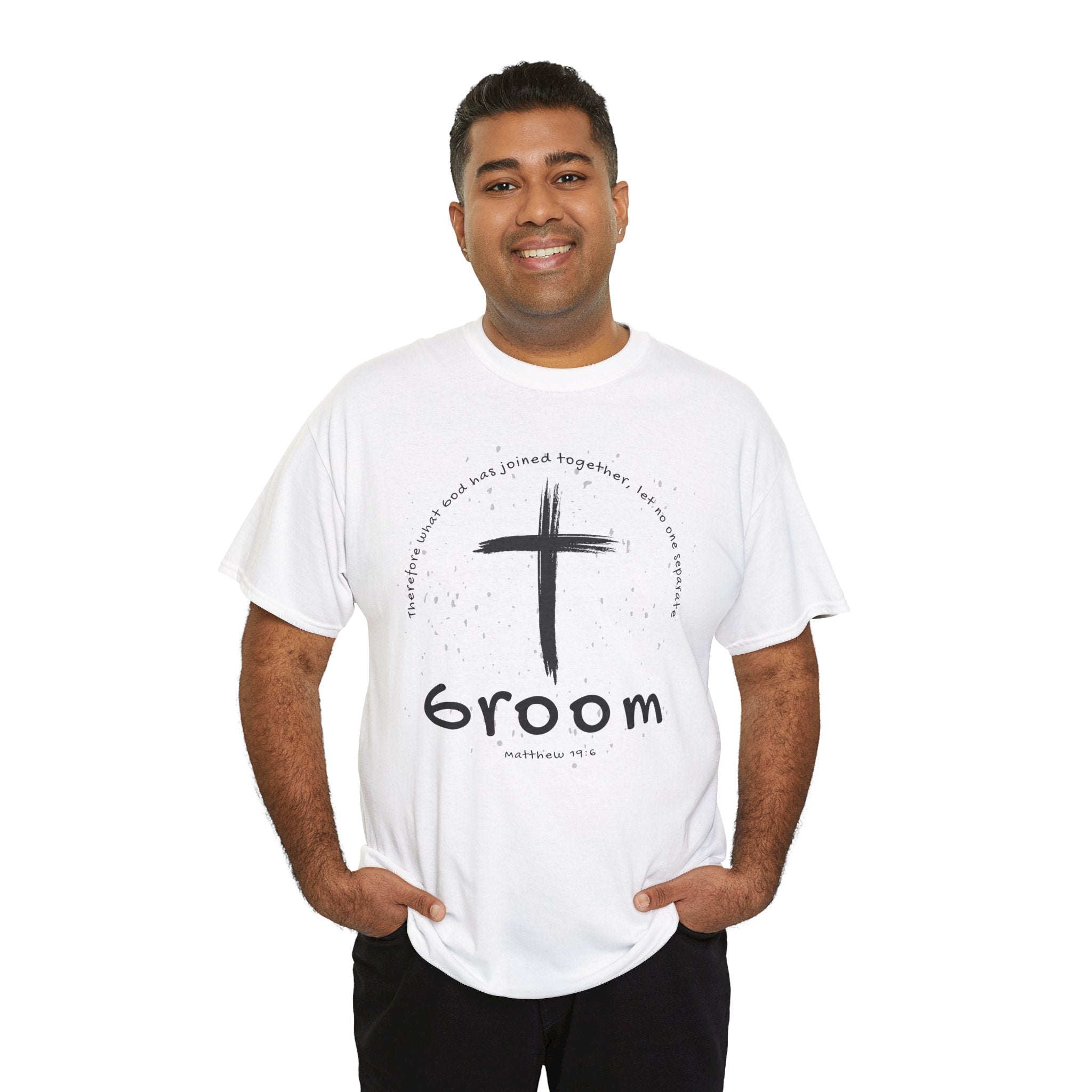 Groom Cross Tee — Christian Wedding Groom T-Shirt (Scripture Verse Design) - Christian - Matthew 19:6