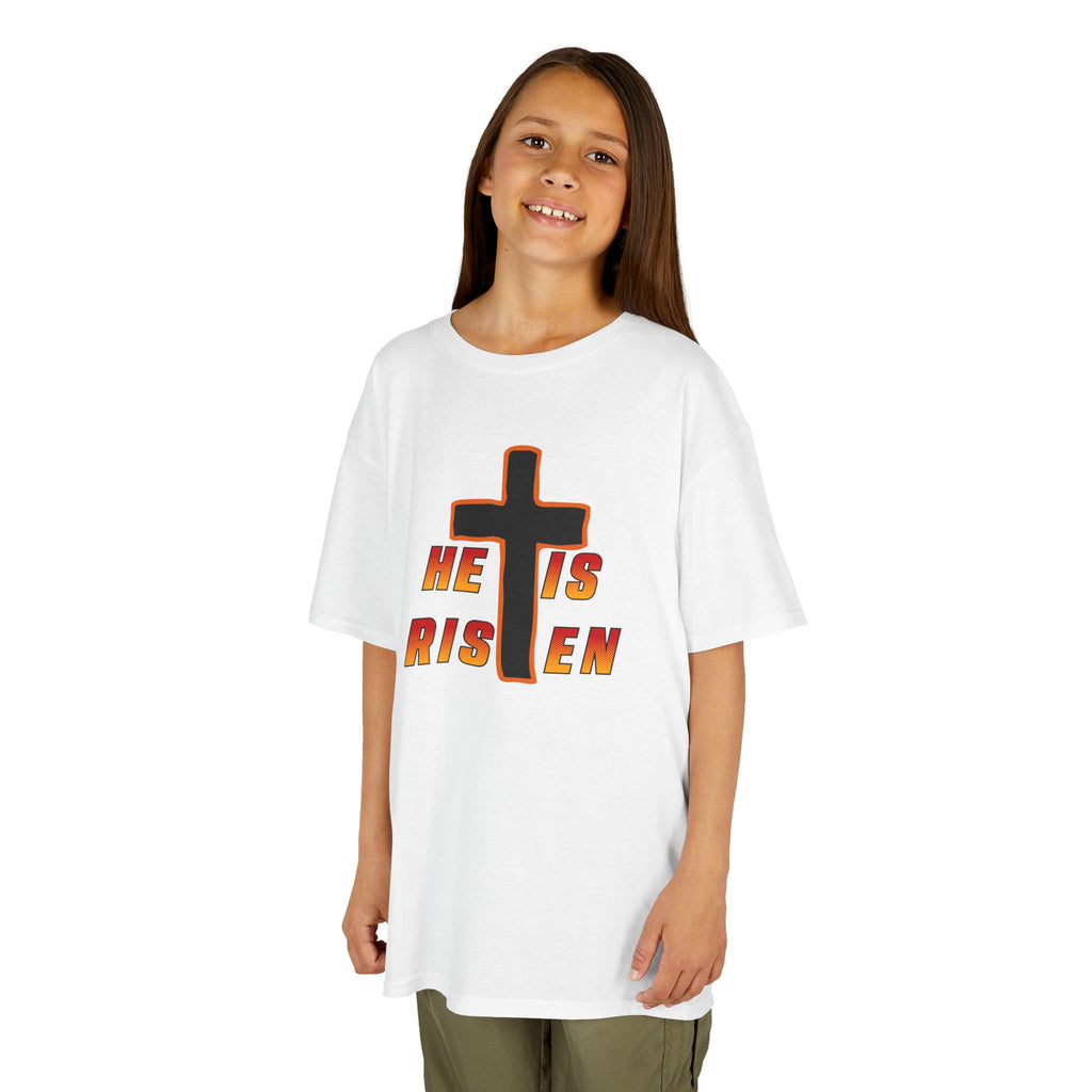 Kids Tee — "He Is Risen" Cross Easter T‑Shirt