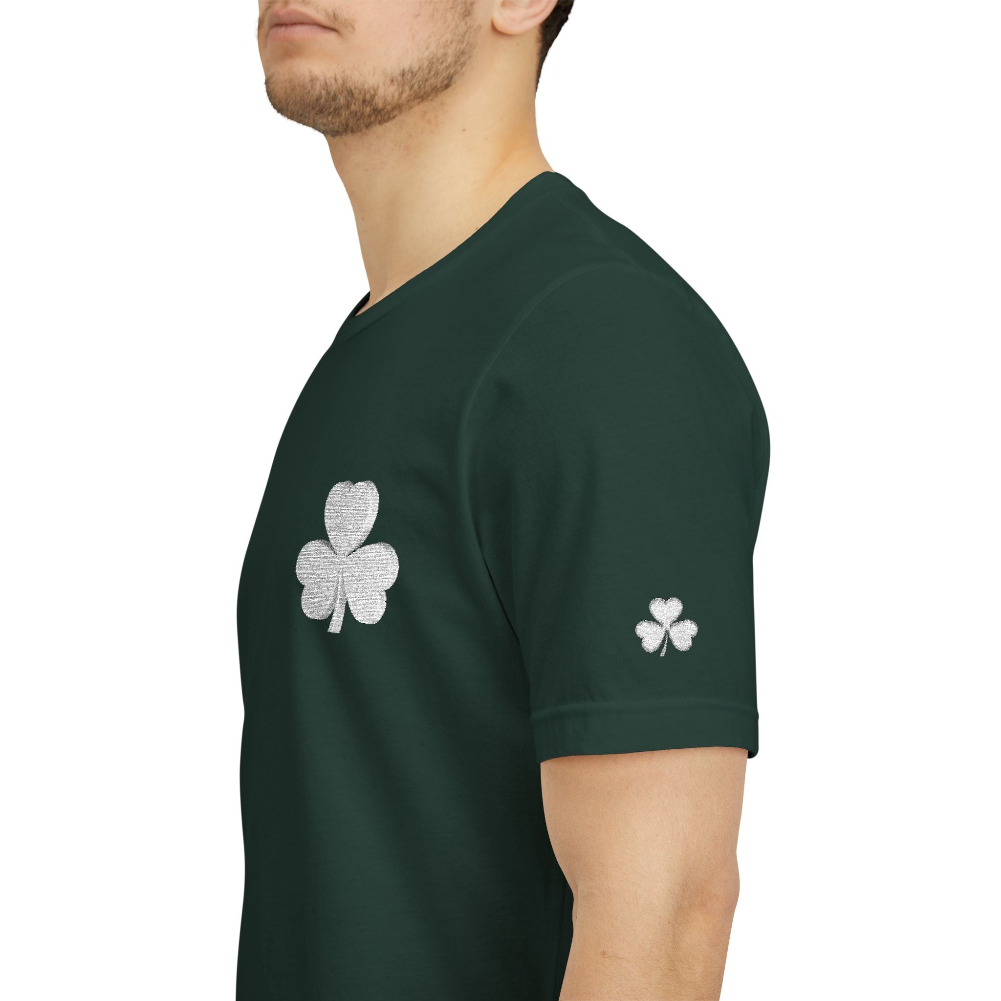 Embroidered Shamrock Pocket Tee — Distressed Lucky Clover T-Shirt