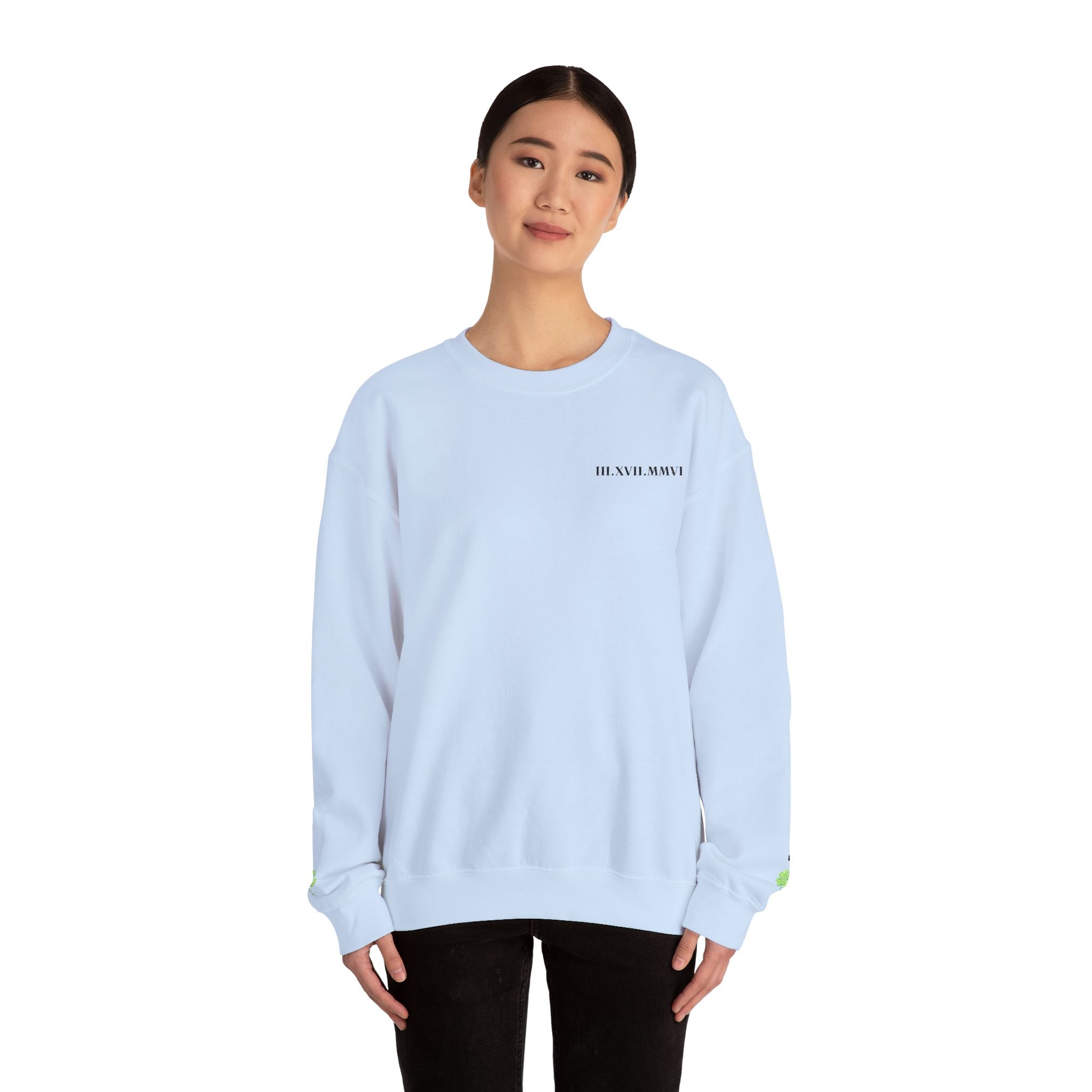 Embroidered - Personalized - Couples - Crewneck Sweatshirt — Minimal 'Human Being' Chest Text with Small Sleeve Floral Accents