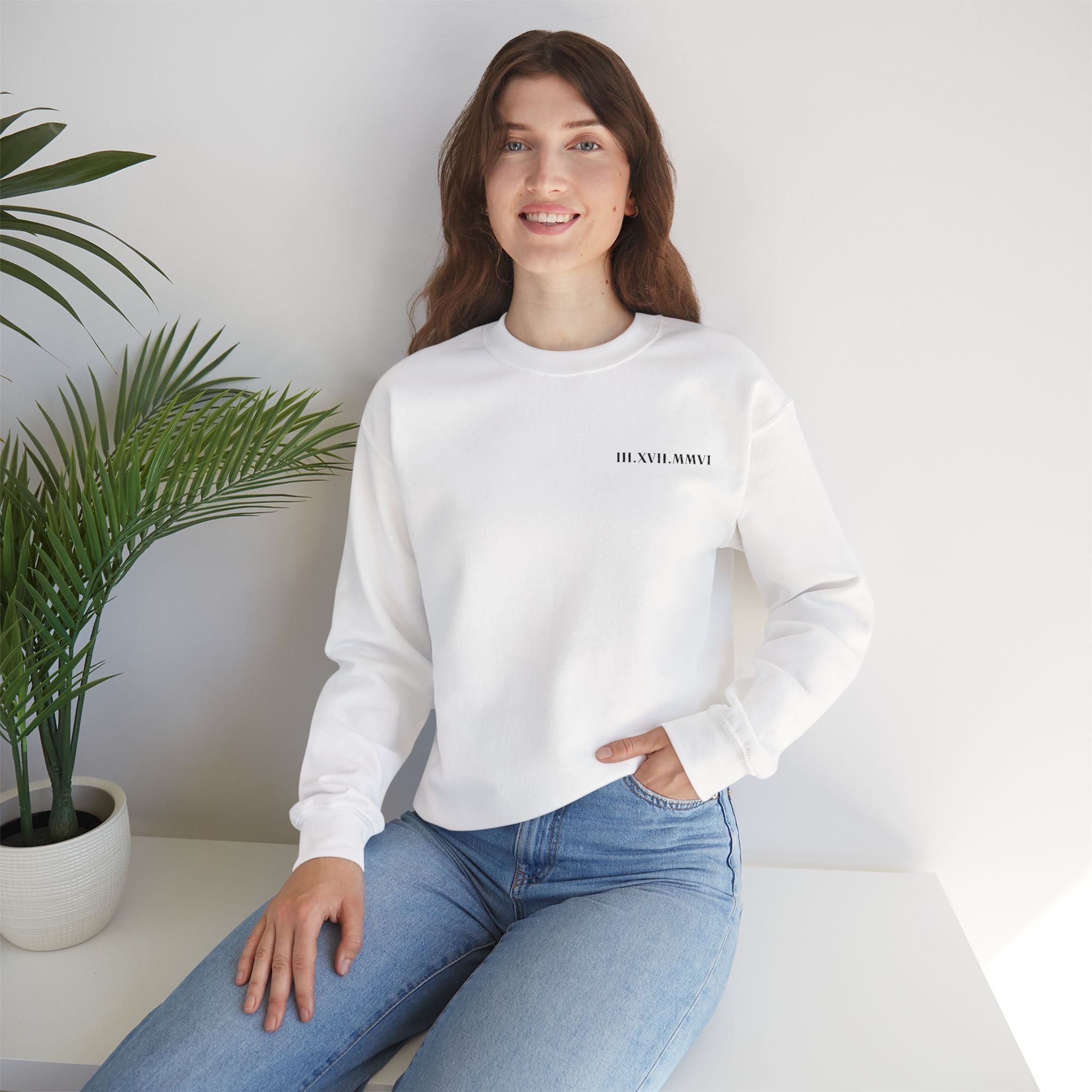 Embroidered - Personalized - Couples - Crewneck Sweatshirt — Minimal 'Human Being' Chest Text with Small Sleeve Floral Accents