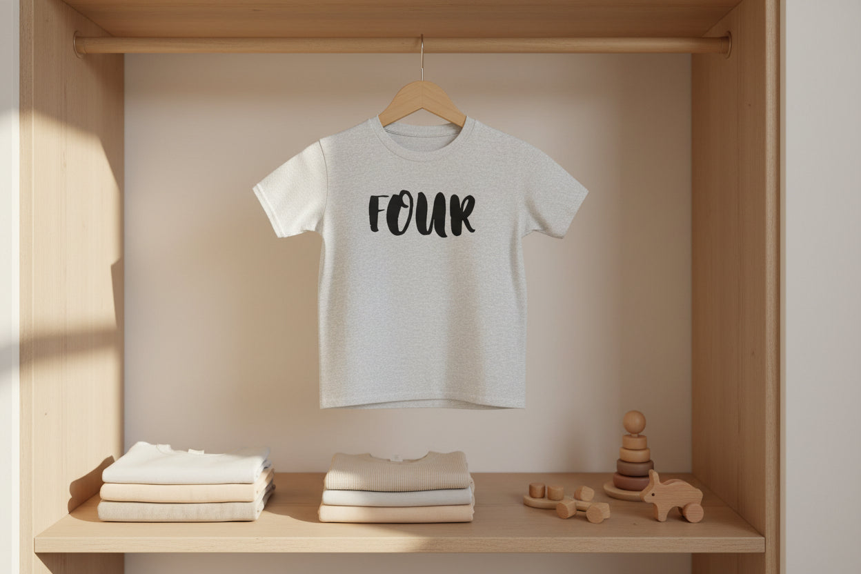 Kids 'Four' Birthday T‑Shirt — Fun Script Number Tee for 4-Year-Olds