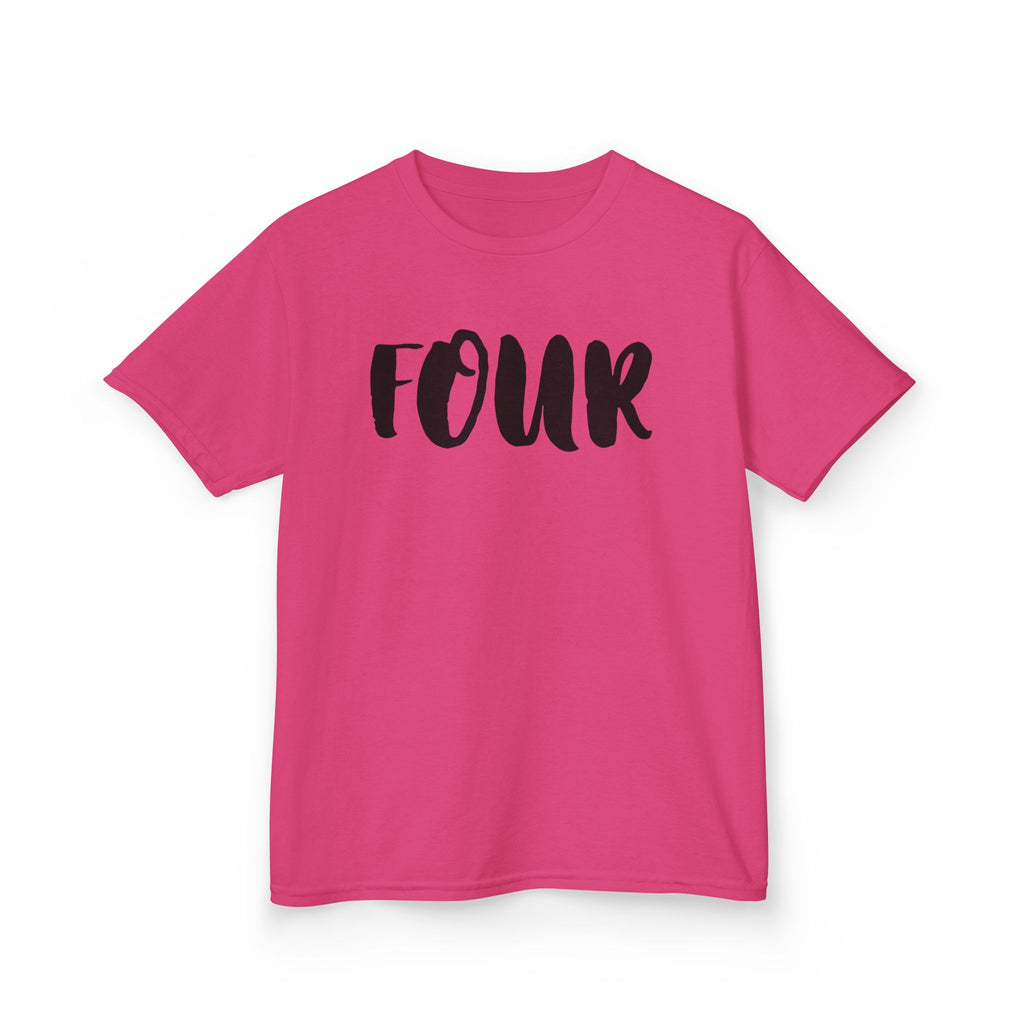 Kids 'Four' Birthday T‑Shirt — Fun Script Number Tee for 4-Year-Olds