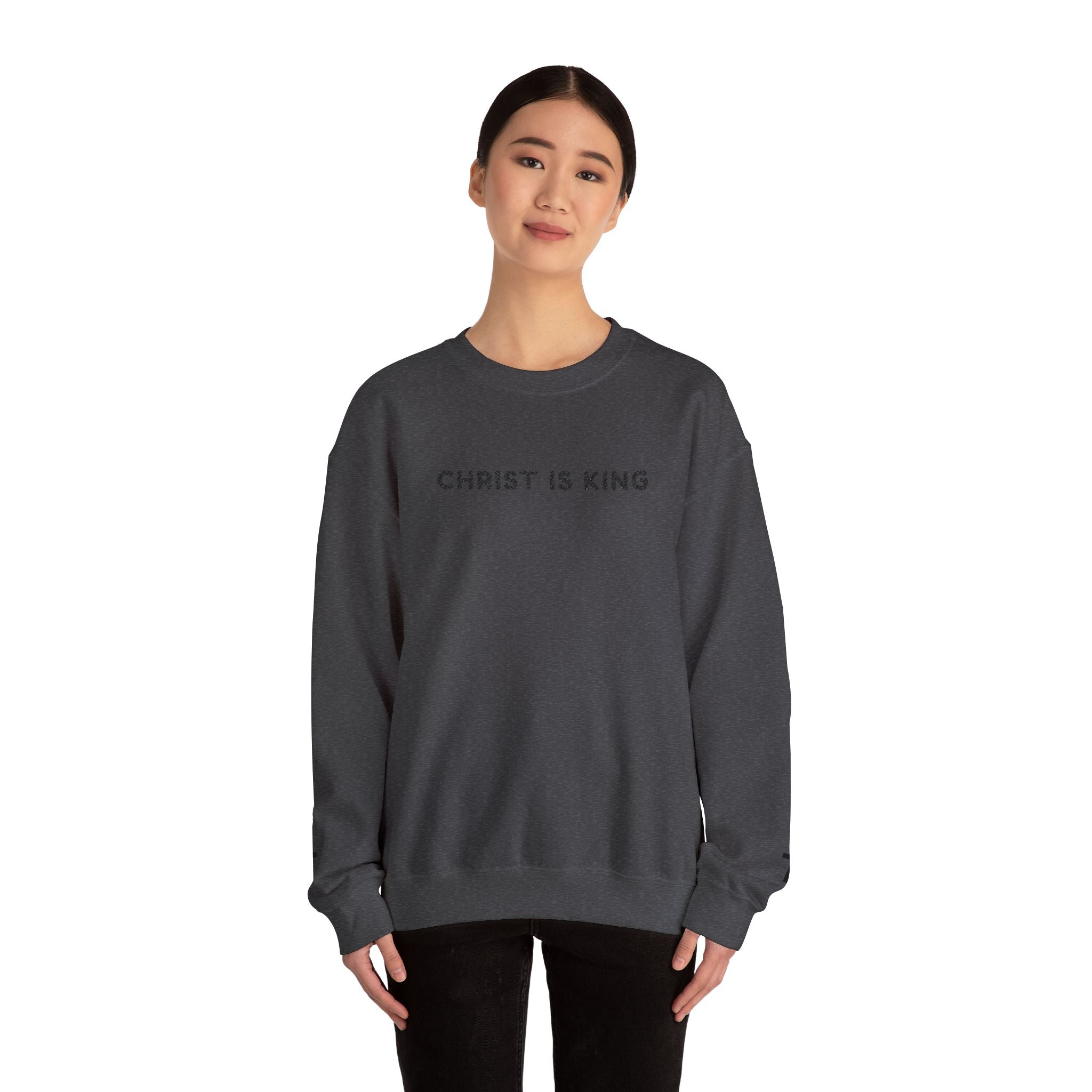 Embroidered text Christian Crewneck Sweatshirt — "Christ Is King" Minimalist Faith PulloverCross on each Wrist