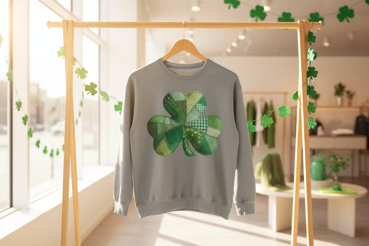 Shamrock Patchwork Sweatshirt — St. Patrick’s Day Green Clover Crewneck