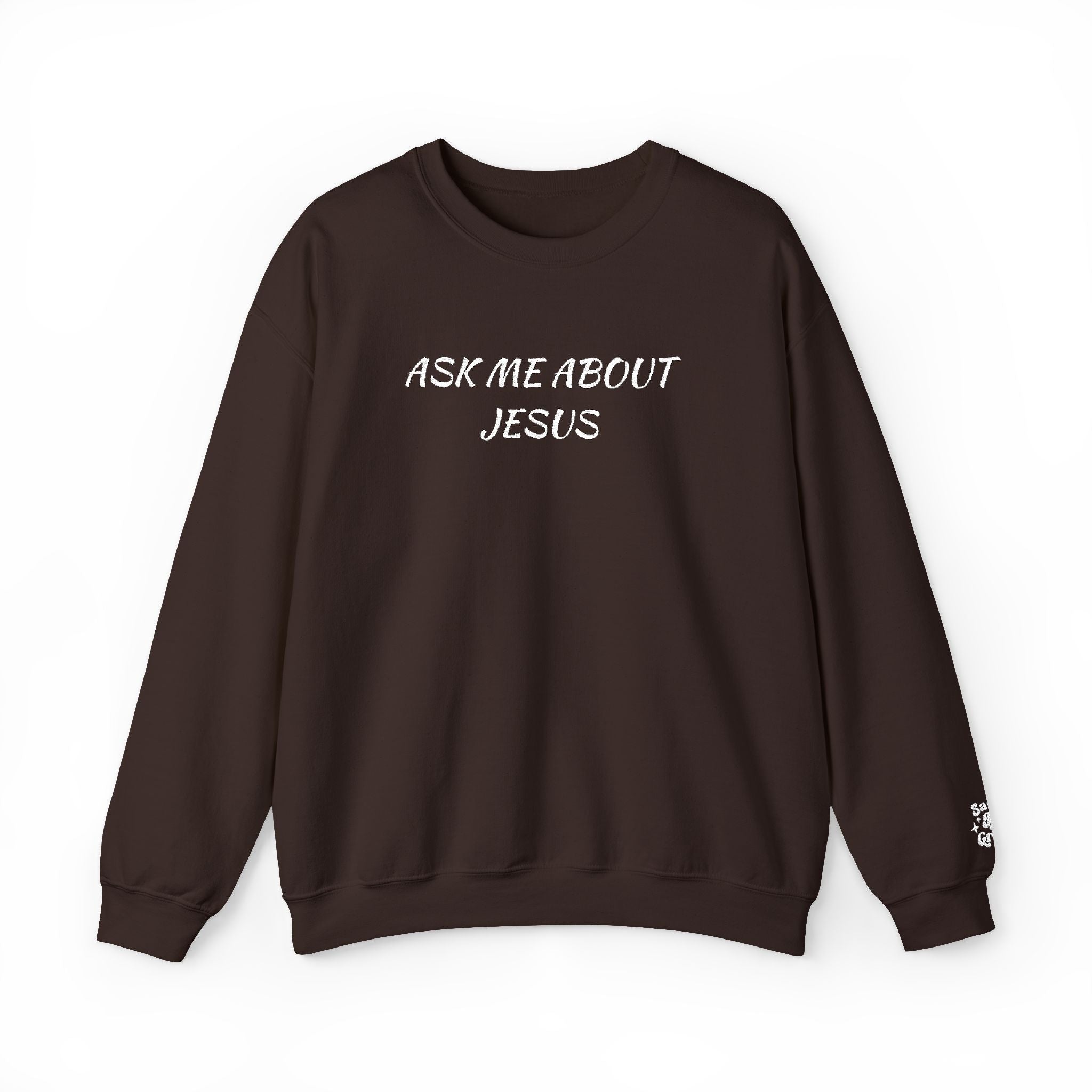 Embroidered Ask Me About Jesus Crewneck Sweatshirt — Christian Faith Conversation Pullover