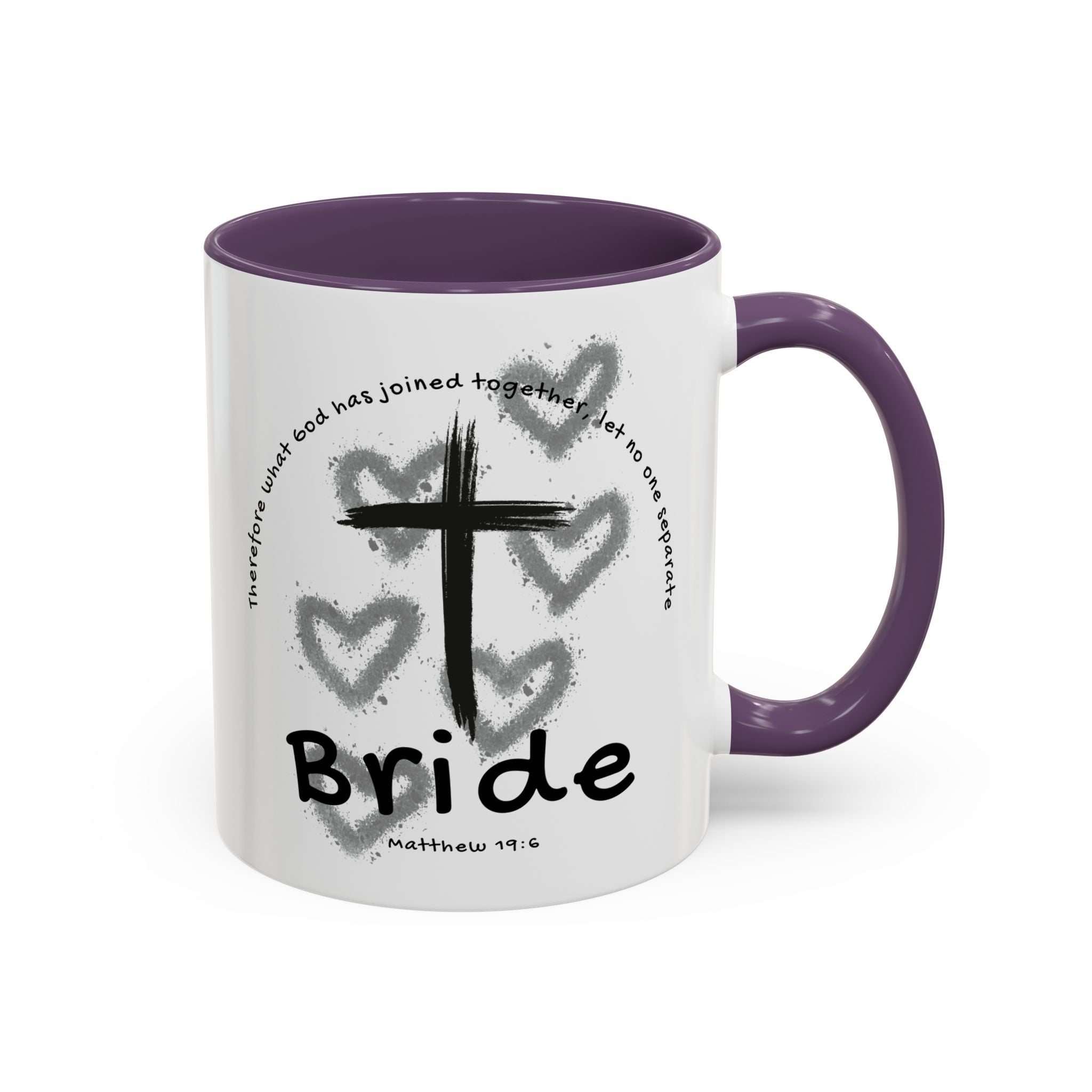 Bride Coffee Mug — Christian Cross & Hearts Accent Mug (Matthew 19:6)
