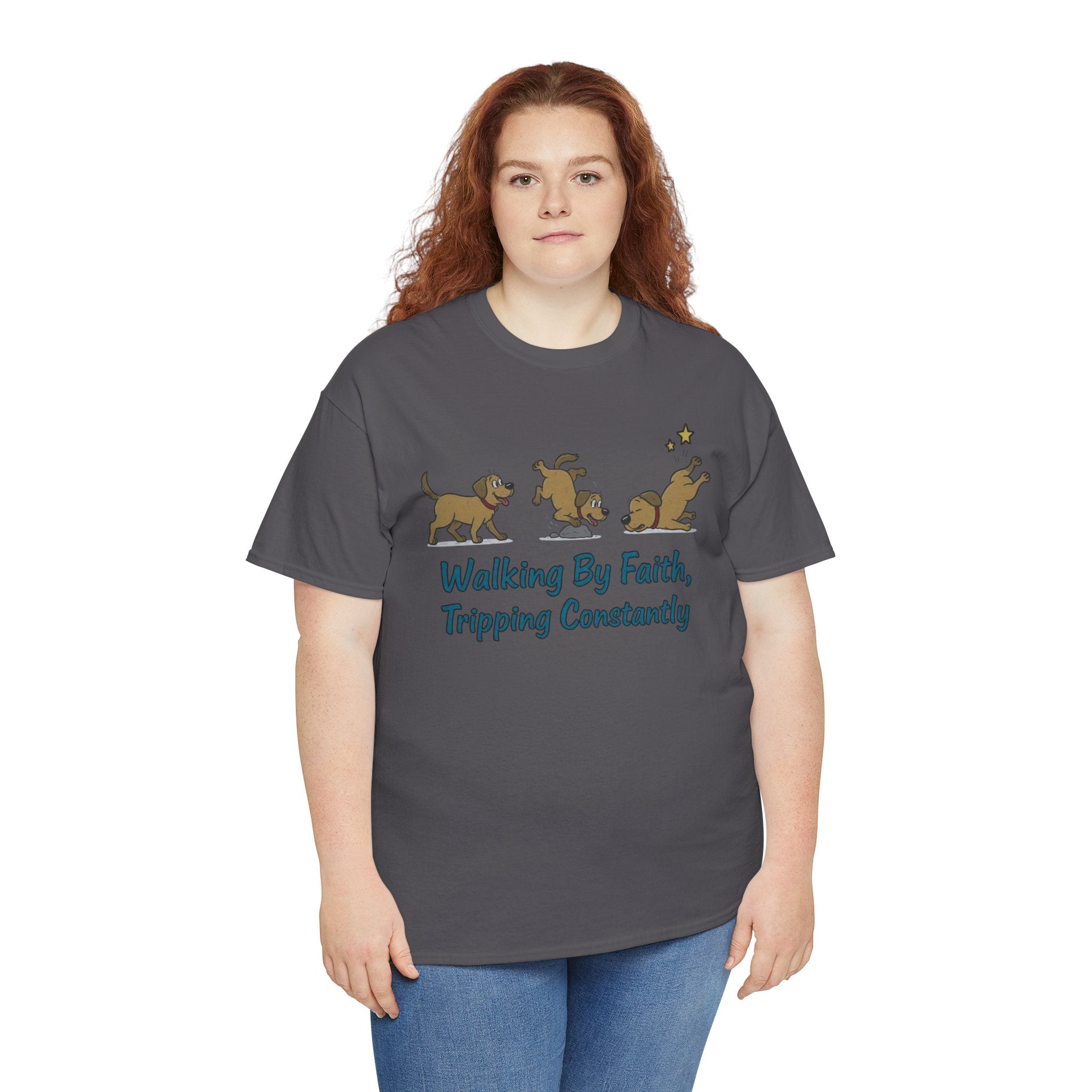 Faith Dog T-Shirt — "Walking By Faith, Tripping Constantly" Cute Christian Tee