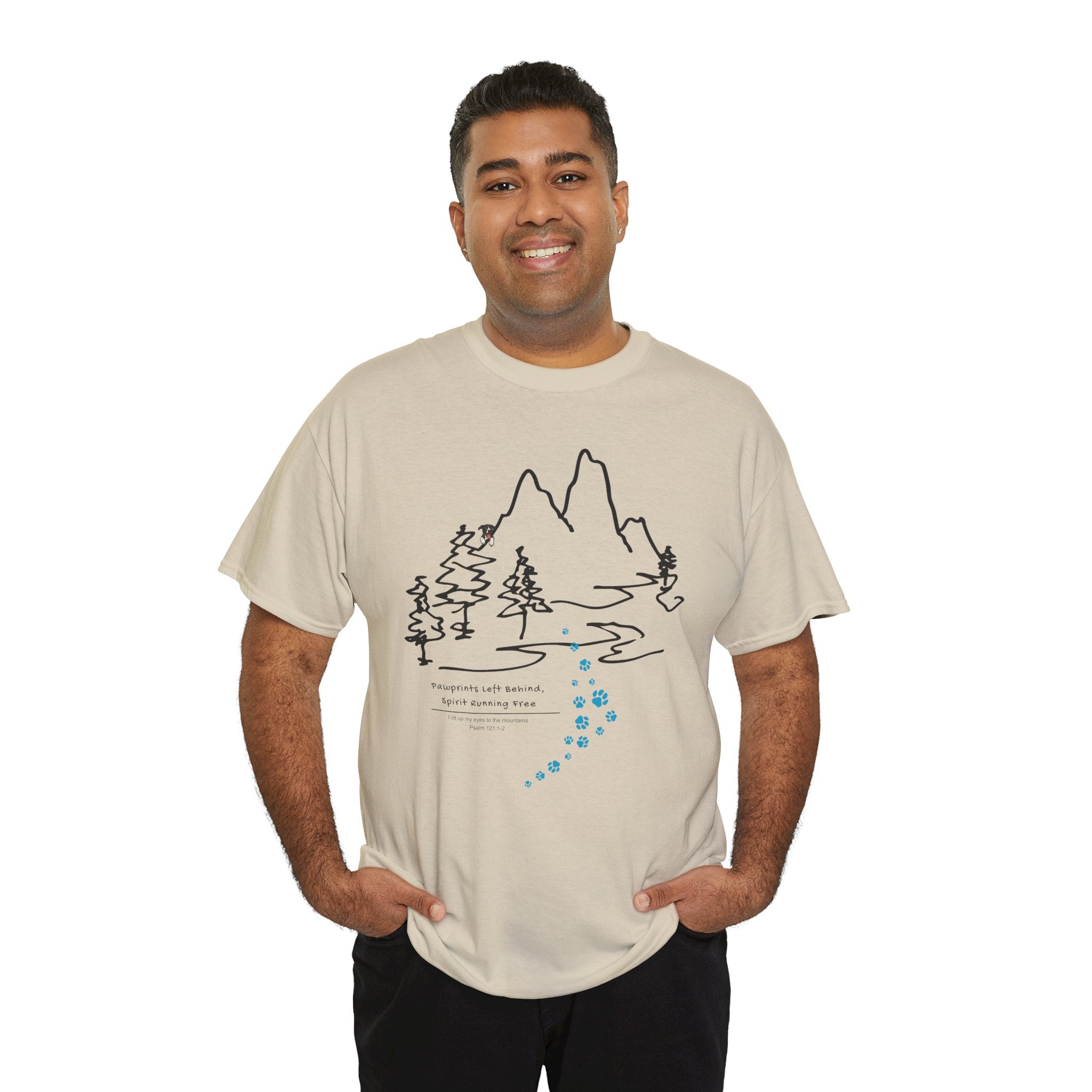 Rainbow Bridge T‑Shirt — Minimal Line Art Nature Tee with 'Follow the Dog Prints' Design Psalms 121