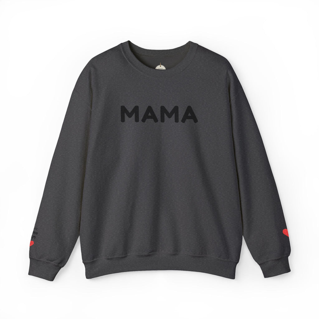 Embroidered - Personalized - Mama Crewneck Sweatshirt — Cozy Mother's Day Pullover with Heart Sleeve Detail