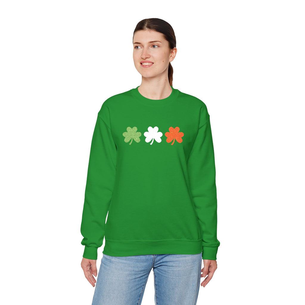Irish Shamrock Trio Crewneck Sweatshirt – Green White Orange St. Patrick’s Day Pullover Flag Colors