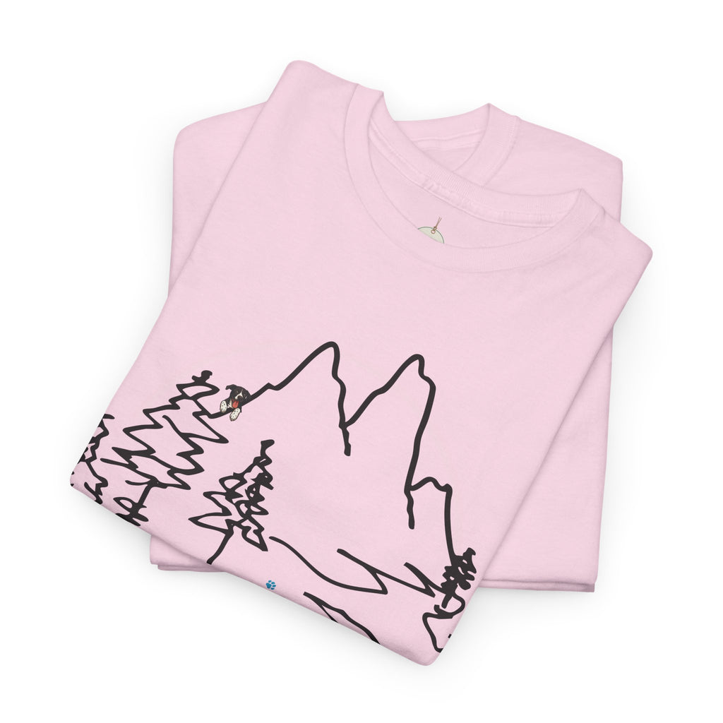 Rainbow Bridge T‑Shirt — Minimal Line Art Nature Tee with 'Follow the Dog Prints' Design Psalms 121