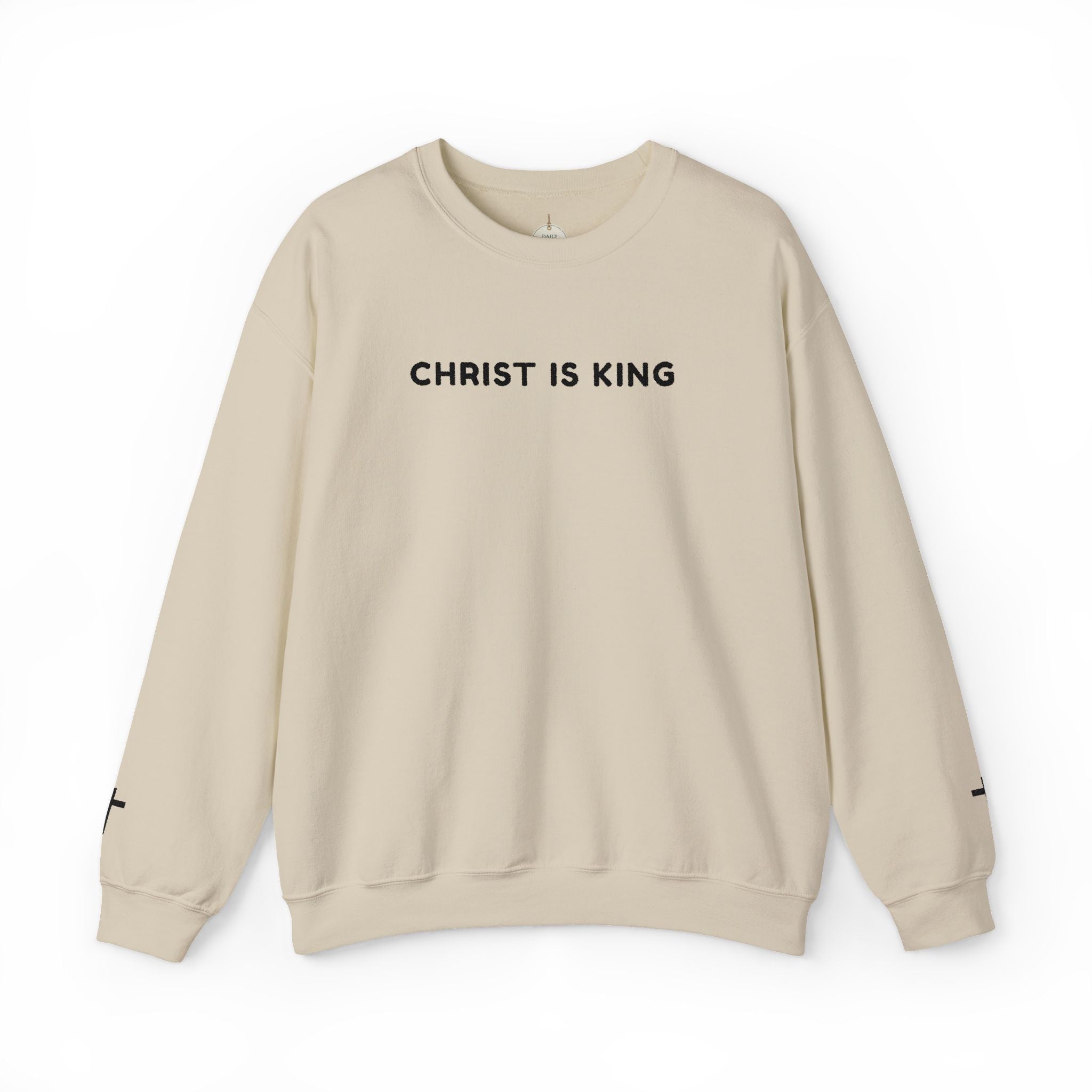 Embroidered text Christian Crewneck Sweatshirt — "Christ Is King" Minimalist Faith PulloverCross on each Wrist