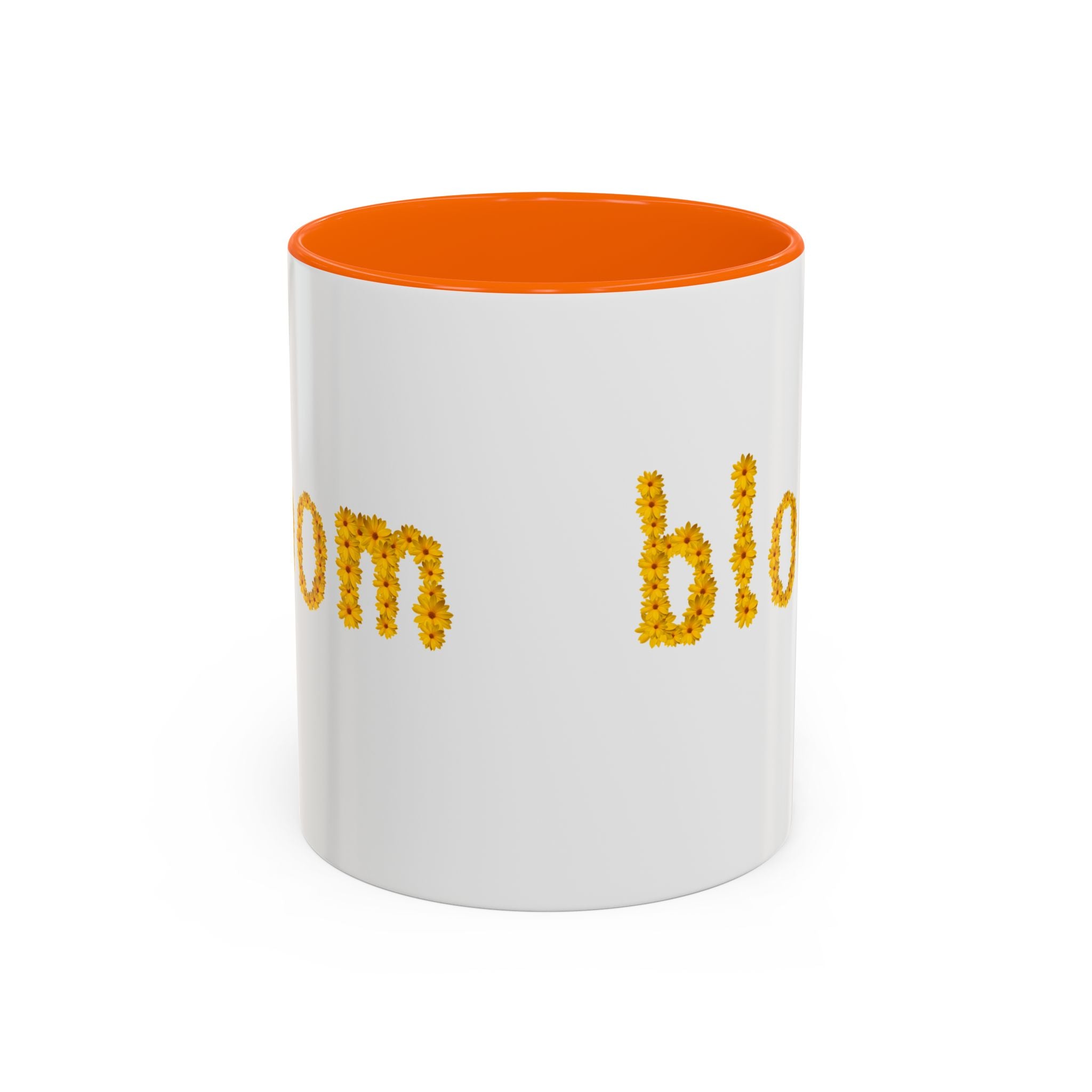 "bloom" floral text Coffee Mug | sunflower petal typography, white & black accent