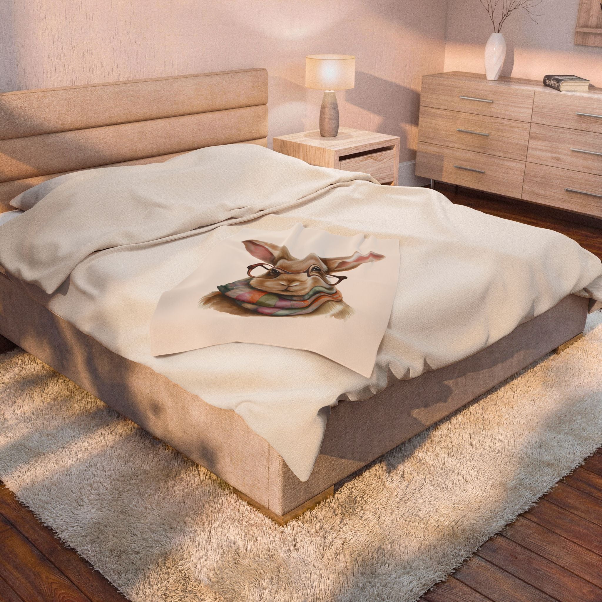 Cute Bunny with Glasses Velveteen Plush Blanket – Cozy Rabbit Scarf Throw