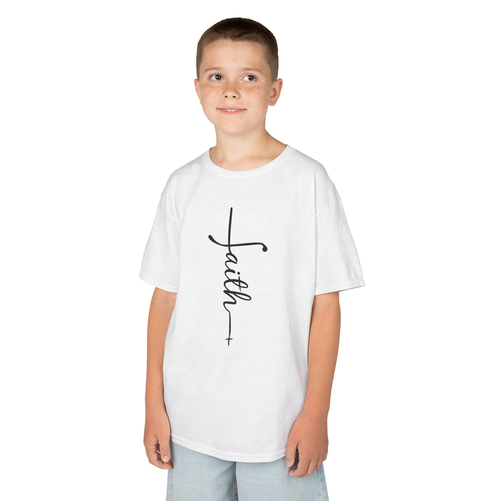 Kids Tee — Vertical "faith" Cross Script Graphic