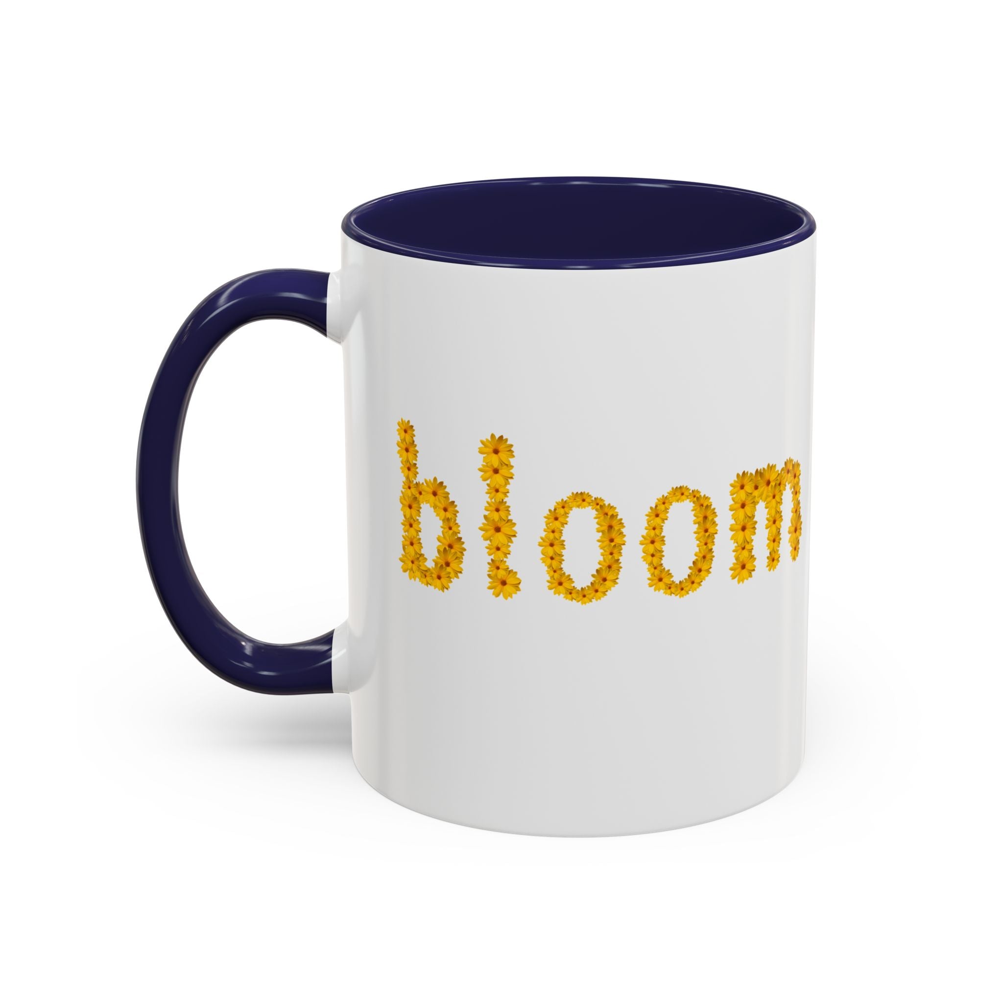 "bloom" floral text Coffee Mug | sunflower petal typography, white & black accent