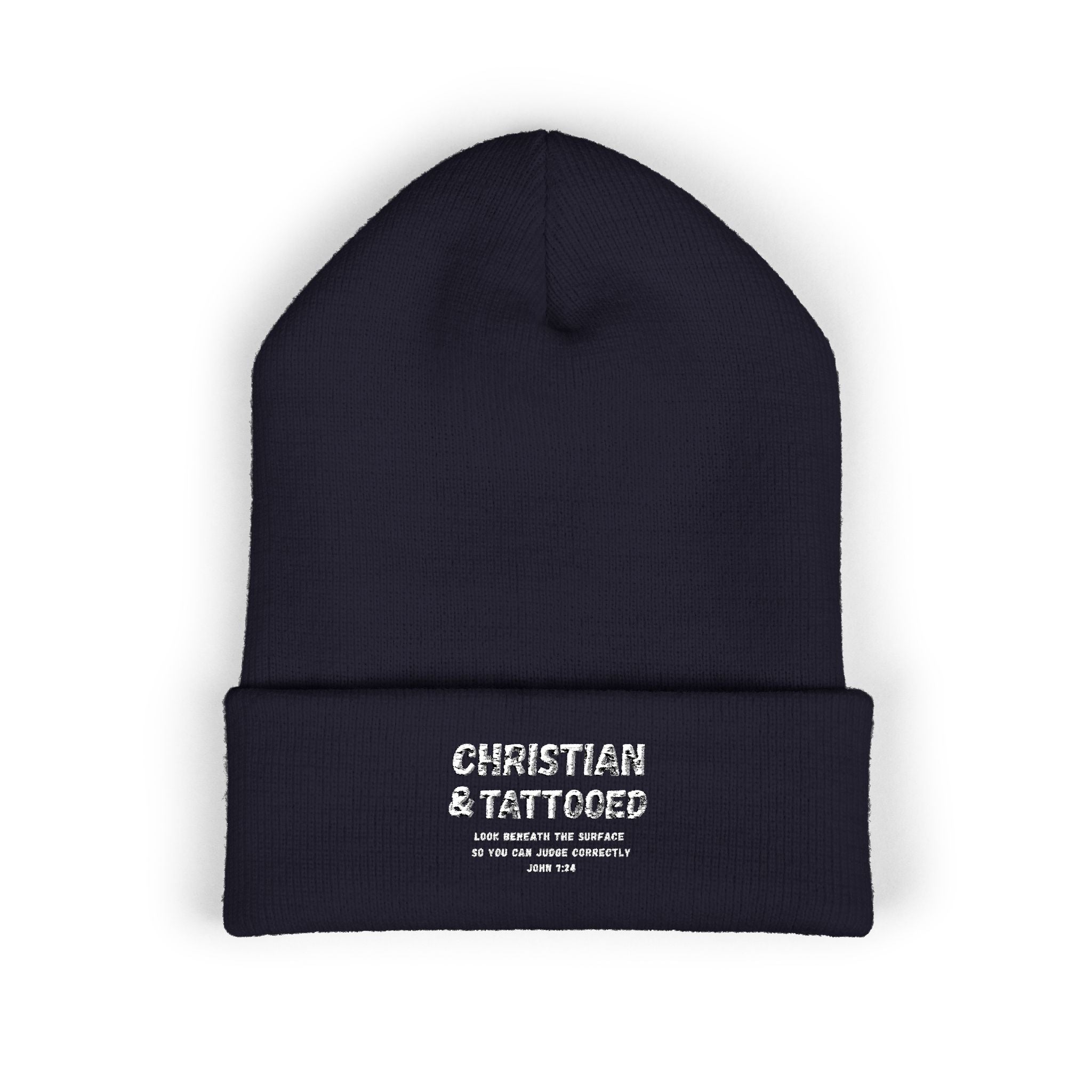 Embroidered 'Christian & Tattooed' Cuffed Beanie  Knit Winter Hat