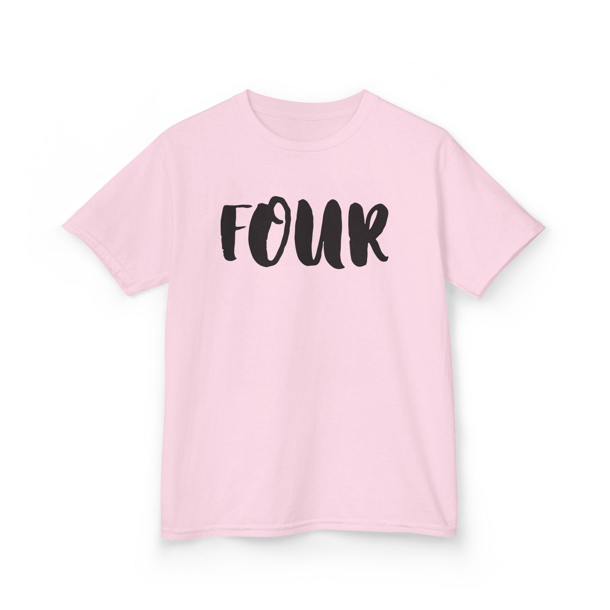 Kids 'Four' Birthday T‑Shirt — Fun Script Number Tee for 4-Year-Olds