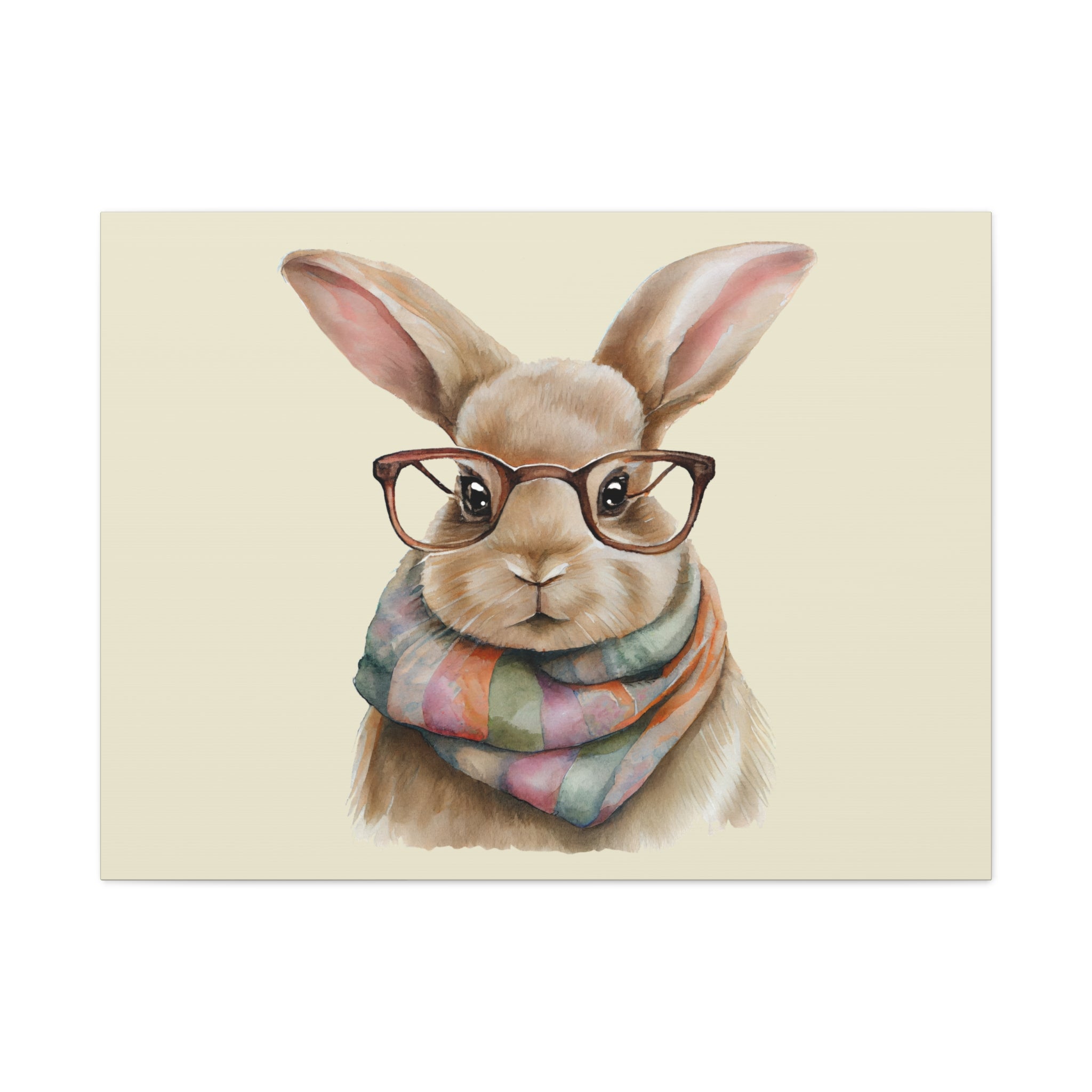 Hipster Bunny Canvas Art – Bunny with Glasses & Colorful Scarf Matte Stretched Wall Decor