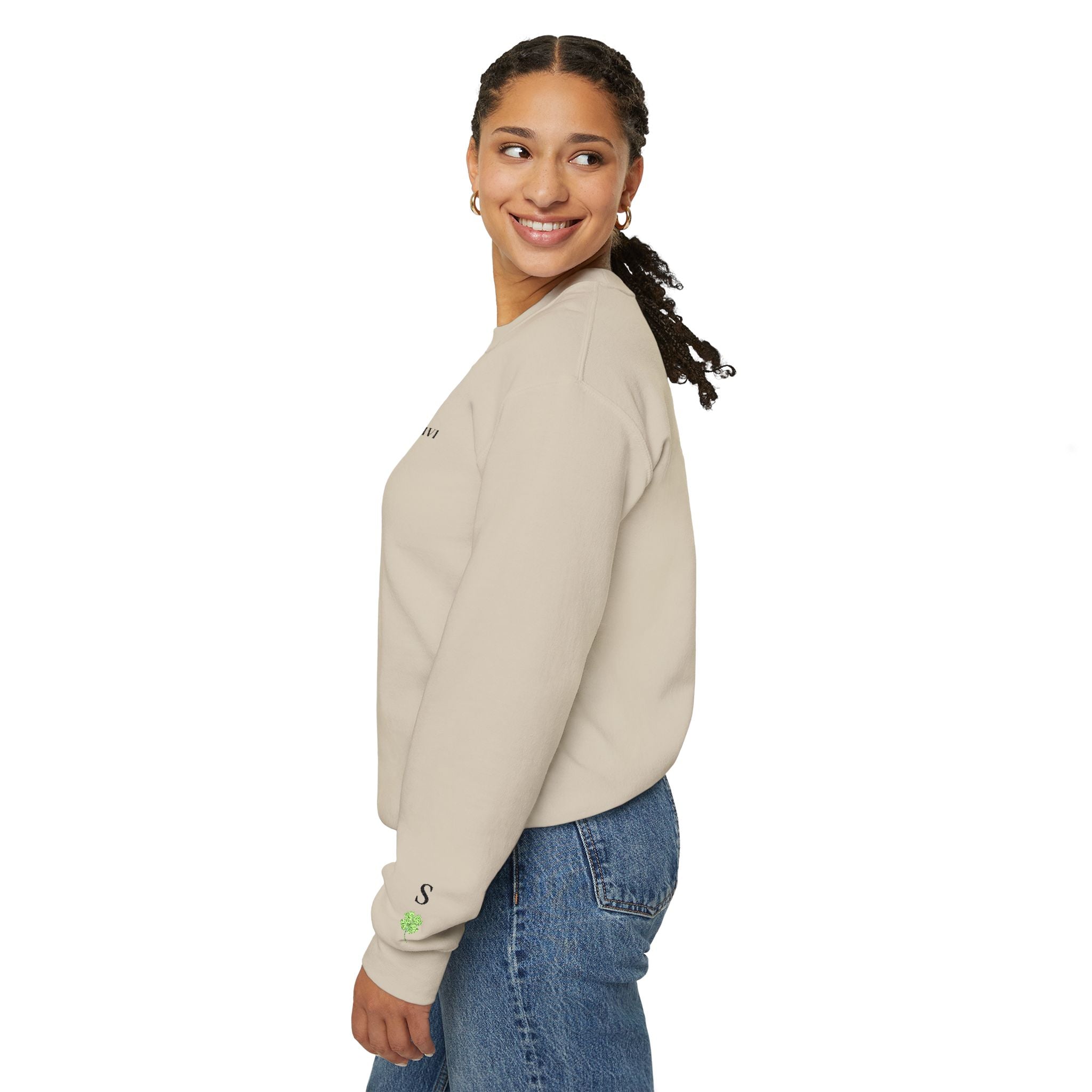 Embroidered - Personalized - Couples - Crewneck Sweatshirt — Minimal 'Human Being' Chest Text with Small Sleeve Floral Accents