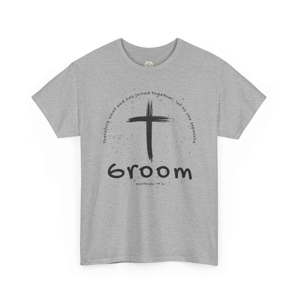 Groom Cross Tee — Christian Wedding Groom T-Shirt (Scripture Verse Design) - Christian - Matthew 19:6